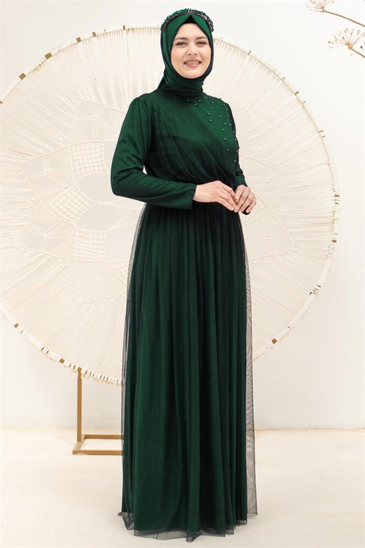Perle Détaillée Robe De Soirée En Tulle Cintrée Robe émeraude FHM831FHM831-ZÜMRÜTFahima