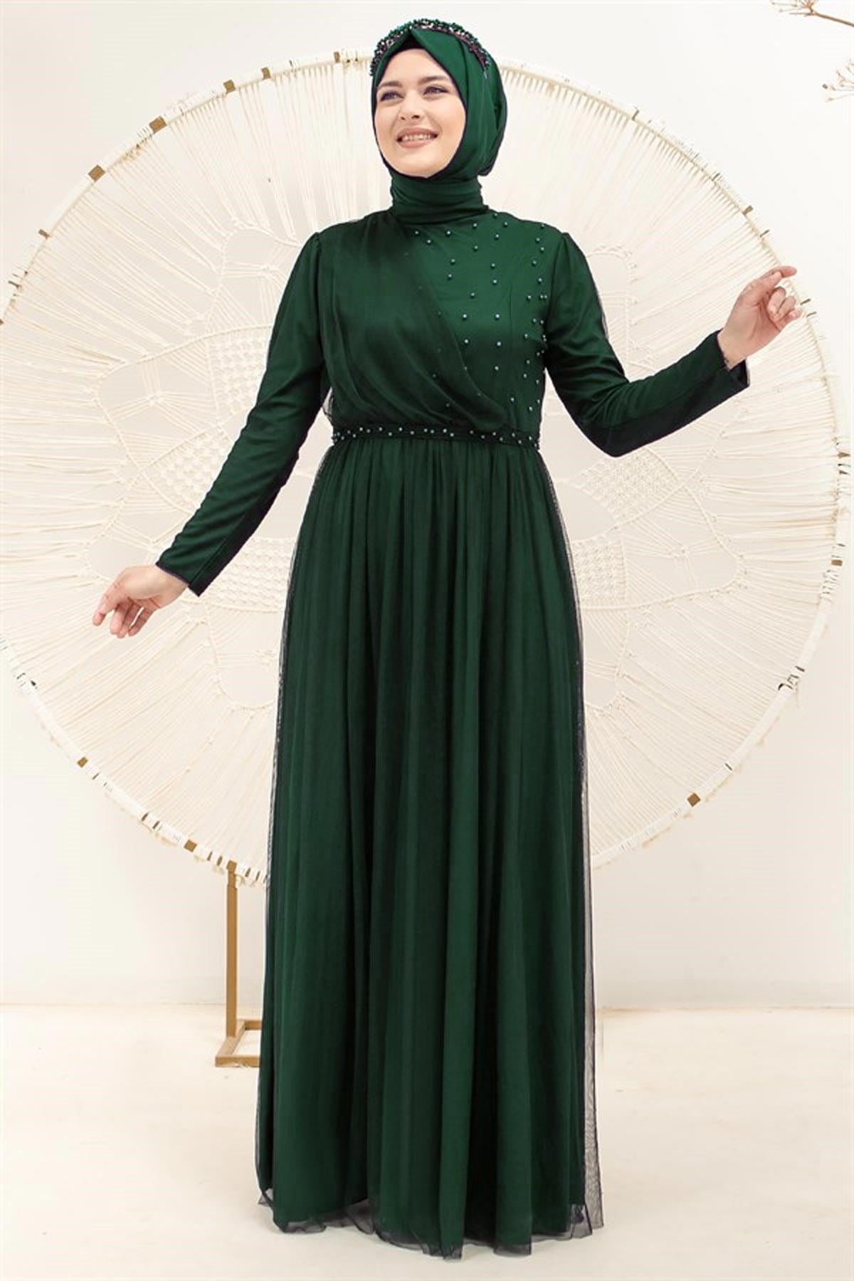 Perle Détaillée Robe De Soirée En Tulle Cintrée Robe émeraude FHM831FHM831-ZÜMRÜTFahima