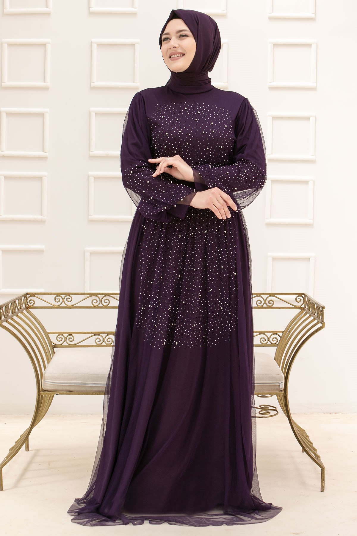 TÜL TAŞ İNCİ DETAYLI ABİYEFHM832-MORFahima