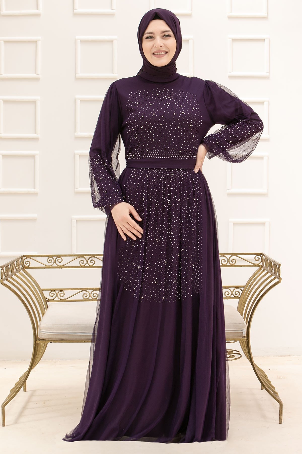TÜL TAŞ İNCİ DETAYLI ABİYEFHM832-MORFahima