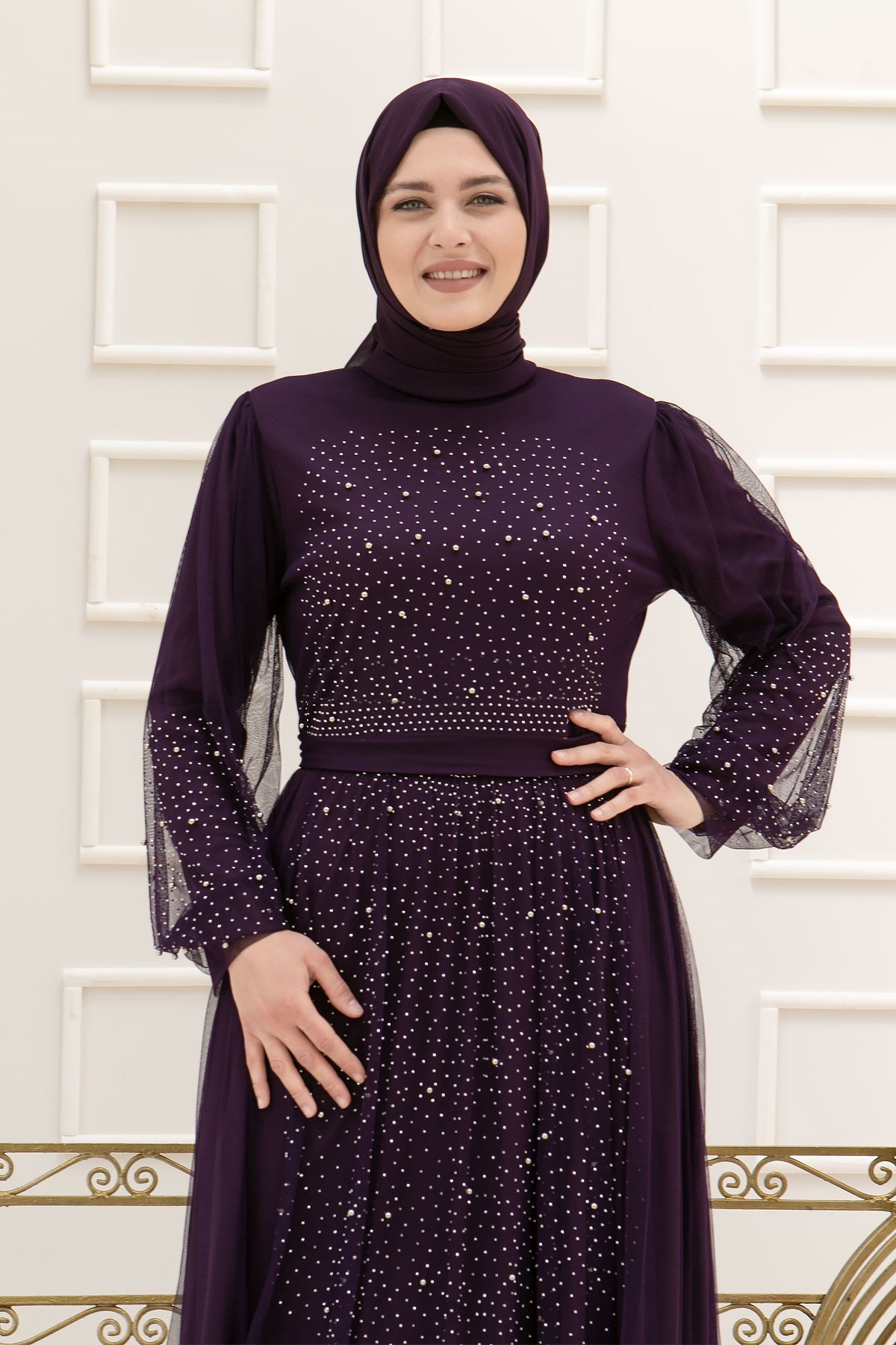 TÜL TAŞ İNCİ DETAYLI ABİYEFHM832-MORFahima