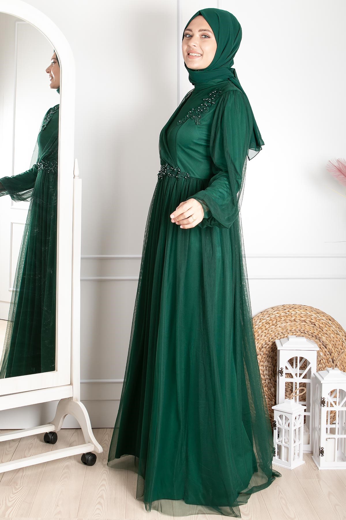 Tulle Evening Dresses with Guipure Emerald FHM844FHM844-ZÜMRÜTFahima