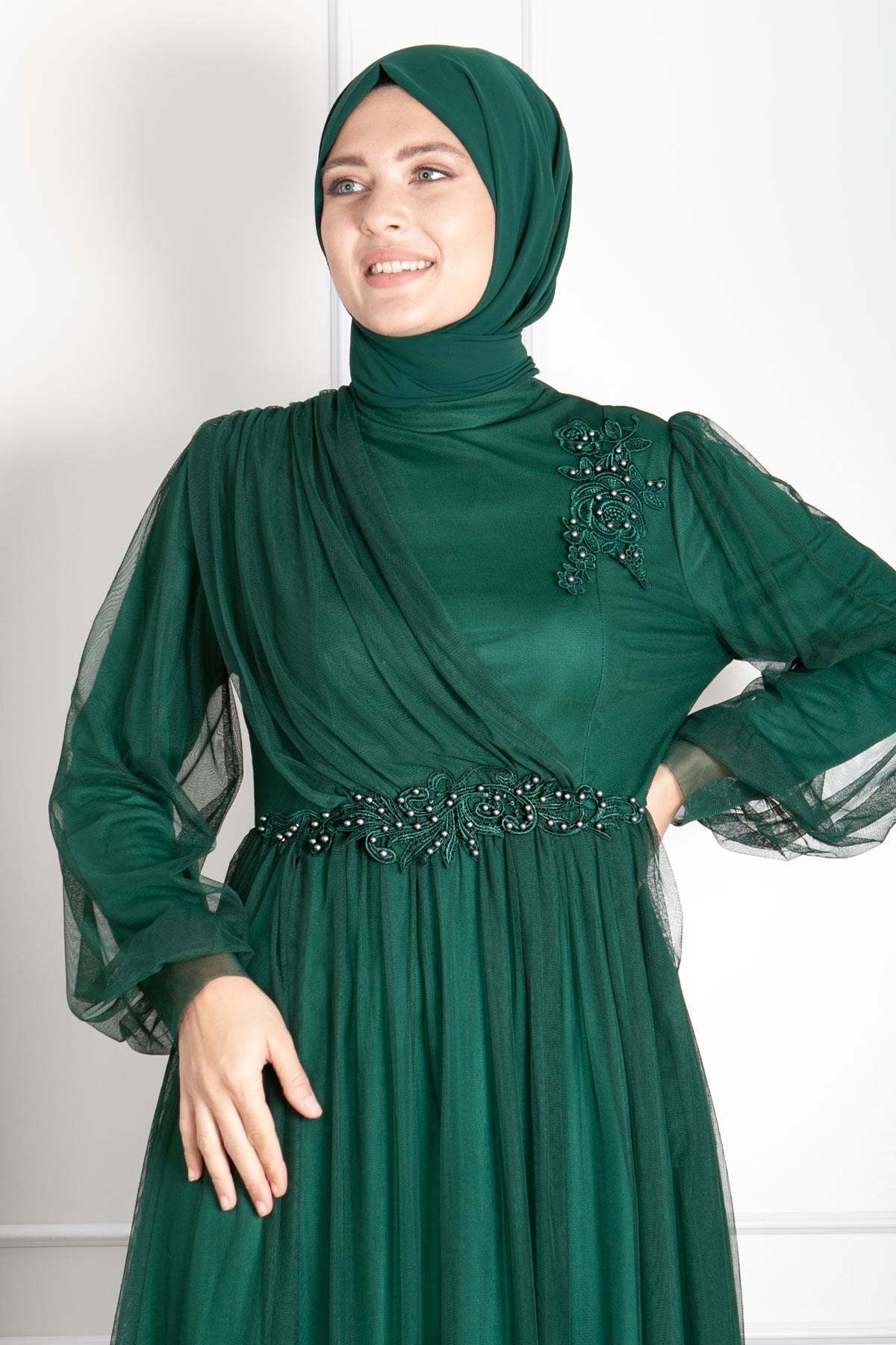 Tulle Evening Dresses with Guipure Emerald FHM844FHM844-ZÜMRÜTFahima