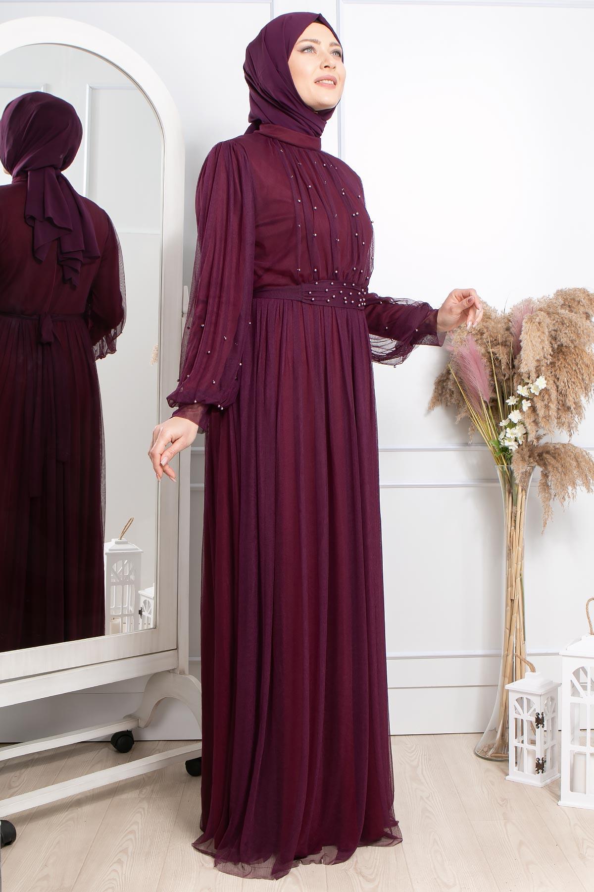 Pearl Stone Detailliertes Abendkleid aus Tüll Plum FHM846FHM846-MÜRDÜMFahima