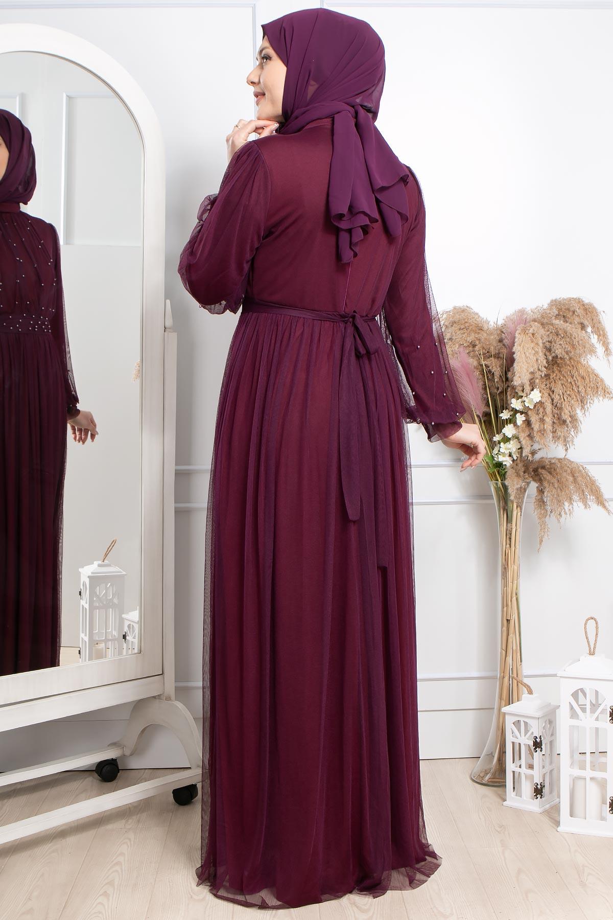 Pearl Stone Detailliertes Abendkleid aus Tüll Plum FHM846FHM846-MÜRDÜMFahima