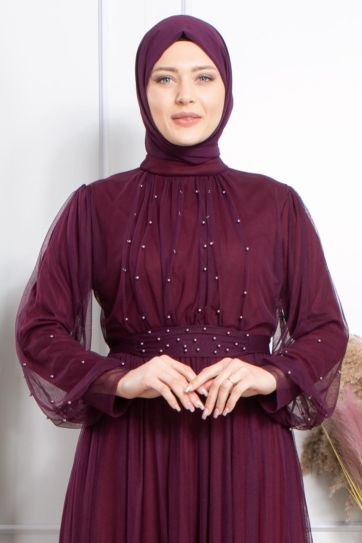 Pearl Stone Detailliertes Abendkleid aus Tüll Plum FHM846FHM846-MÜRDÜMFahima