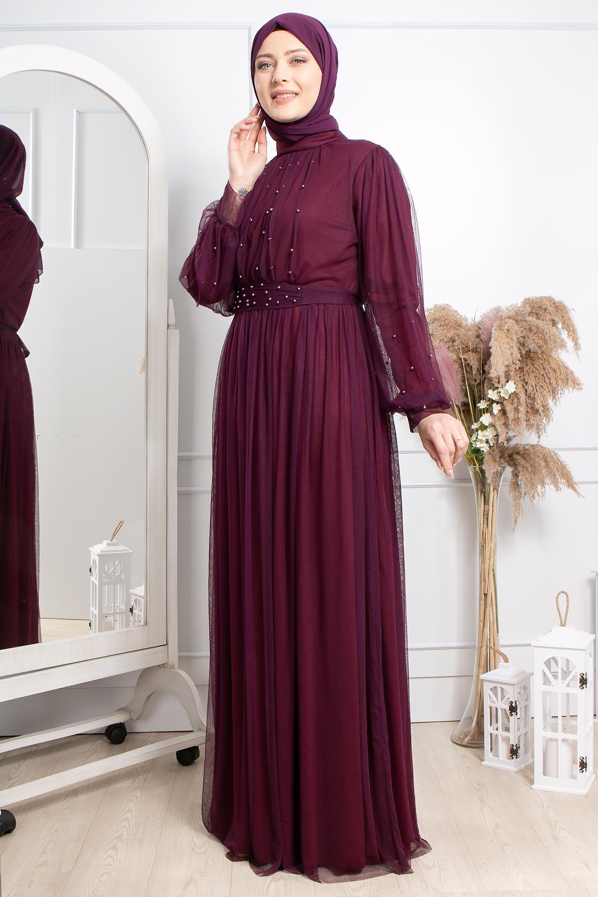 Pearl Stone Detailliertes Abendkleid aus Tüll Plum FHM846FHM846-MÜRDÜMFahima