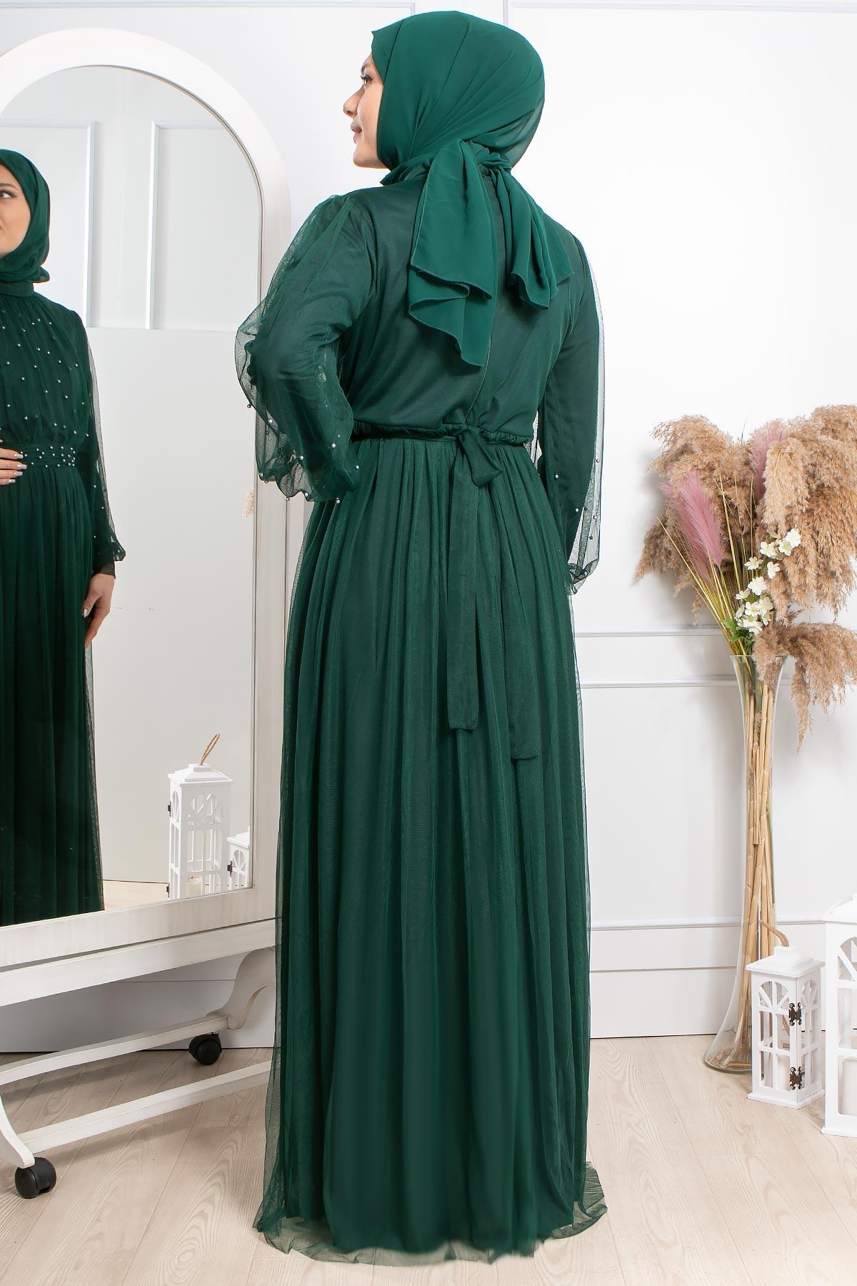 Robe de Soirée en Tulle Avec Pierre Perlée Emeraude FHM846FHM846-ZÜMRÜTFahima