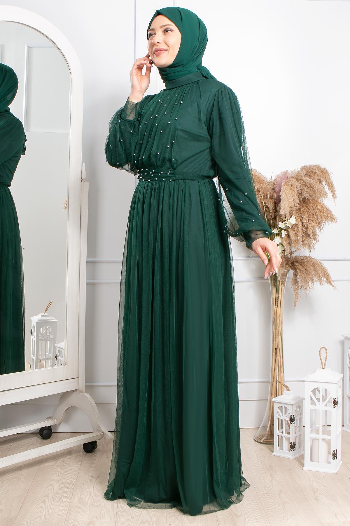 Robe de Soirée en Tulle Avec Pierre Perlée Emeraude FHM846FHM846-ZÜMRÜTFahima