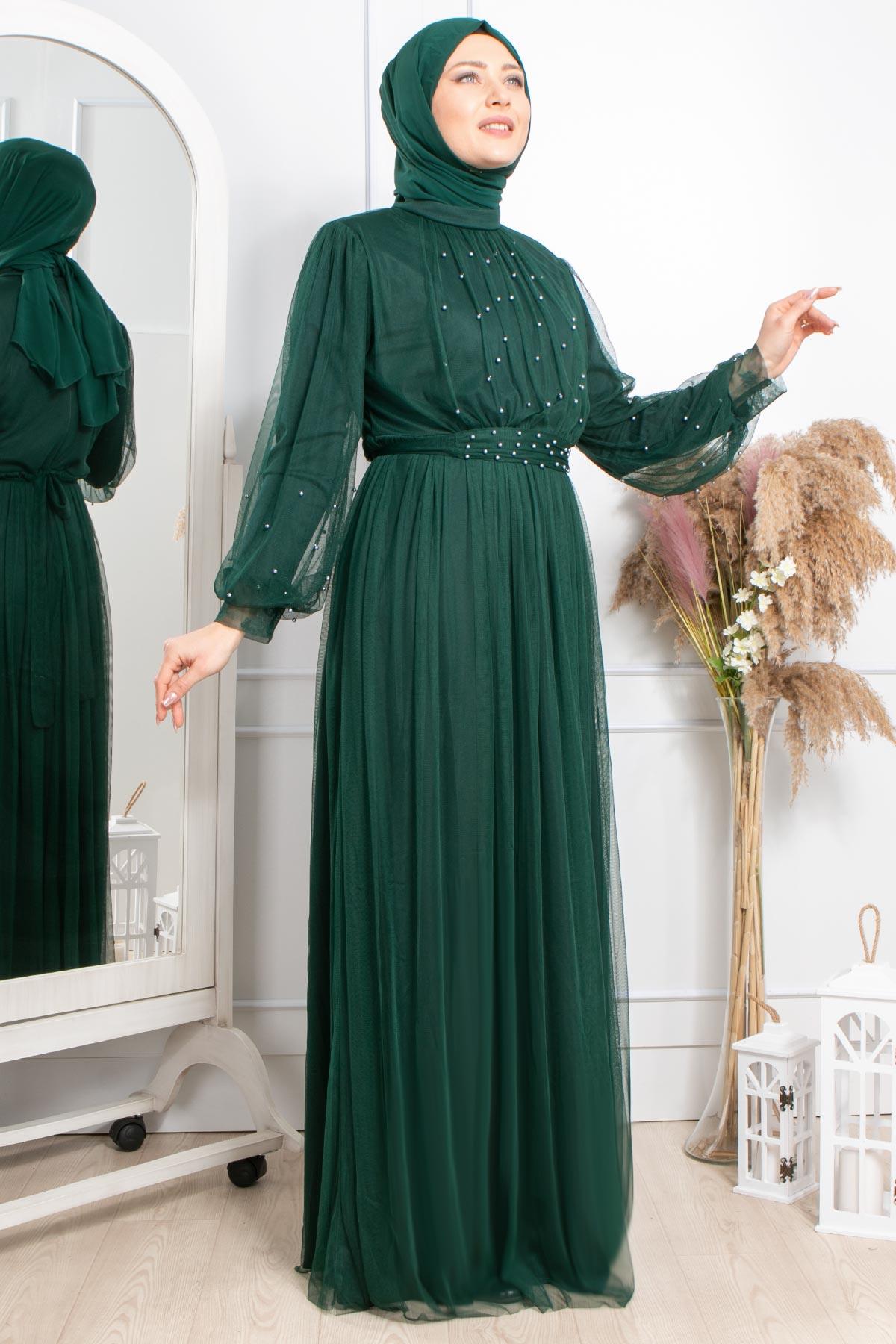 Robe de Soirée en Tulle Avec Pierre Perlée Emeraude FHM846FHM846-ZÜMRÜTFahima
