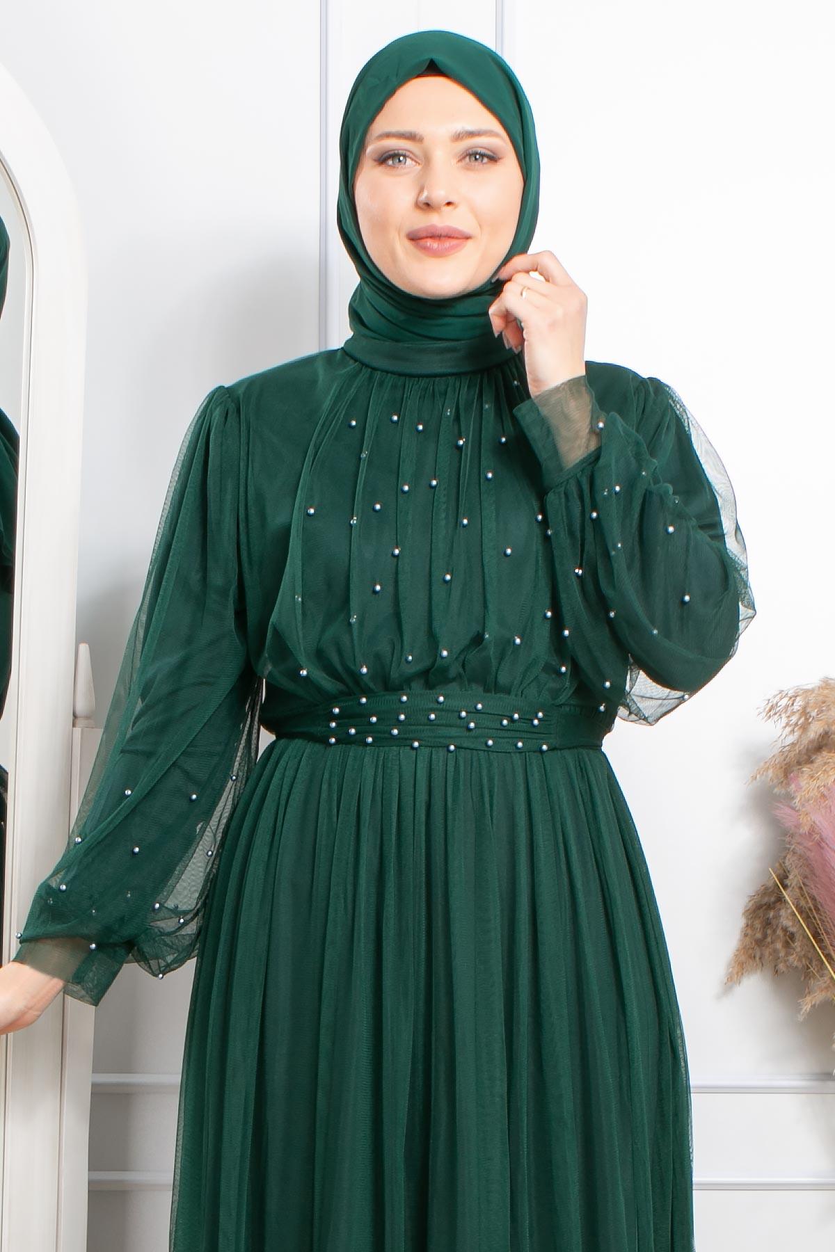 Robe de Soirée en Tulle Avec Pierre Perlée Emeraude FHM846FHM846-ZÜMRÜTFahima