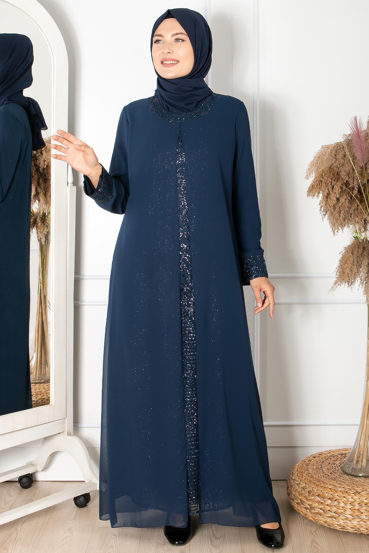 SİM DETAYLI DESENLİ ABİYE FHM852-LACİVERTFahima