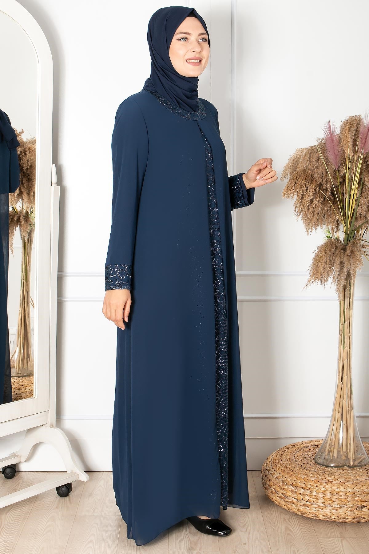 SİM DETAYLI DESENLİ ABİYE FHM852-LACİVERTFahima
