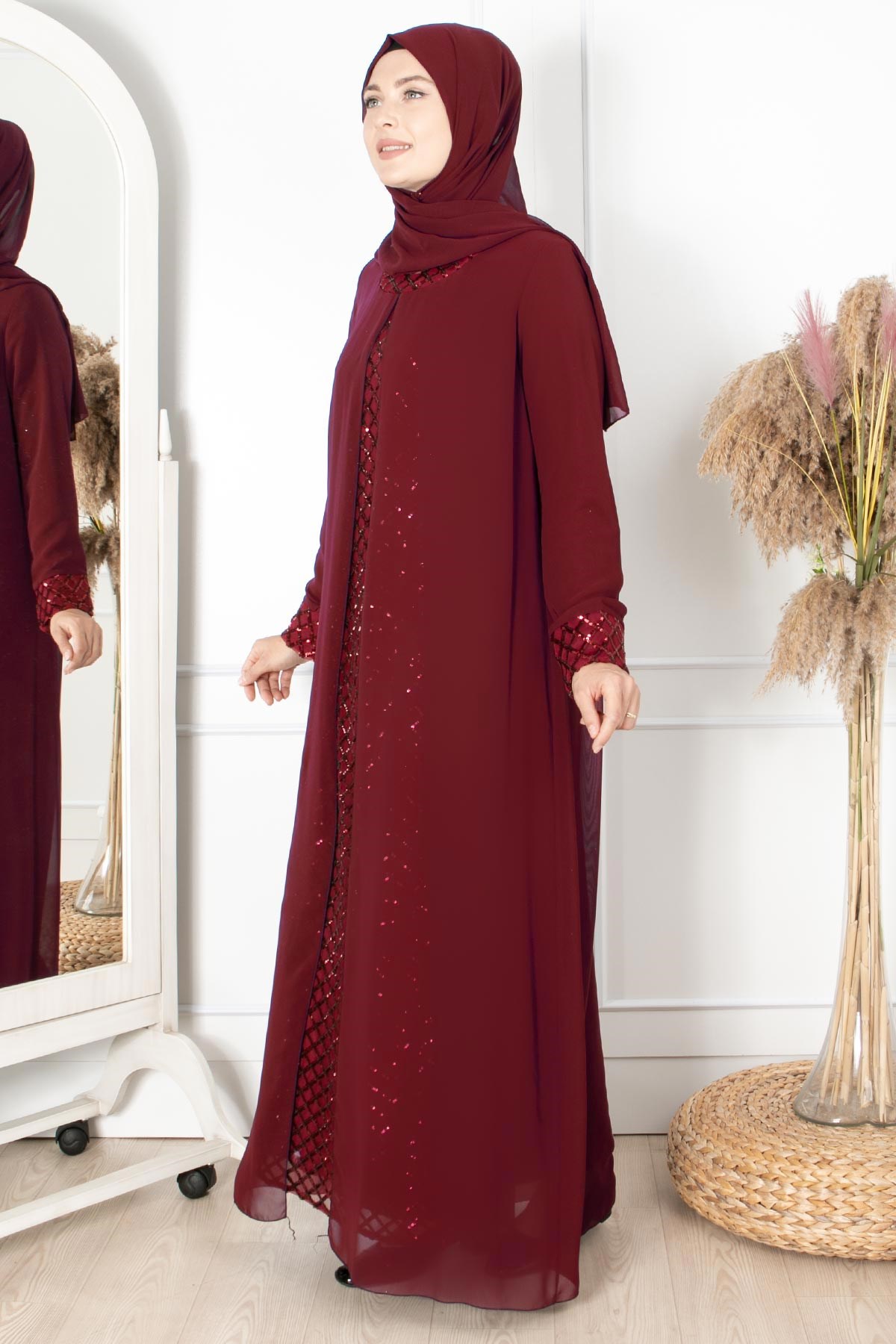 PELERİNLİ PAYET DETAYLI ABİYE FHM854-BORDOFahima