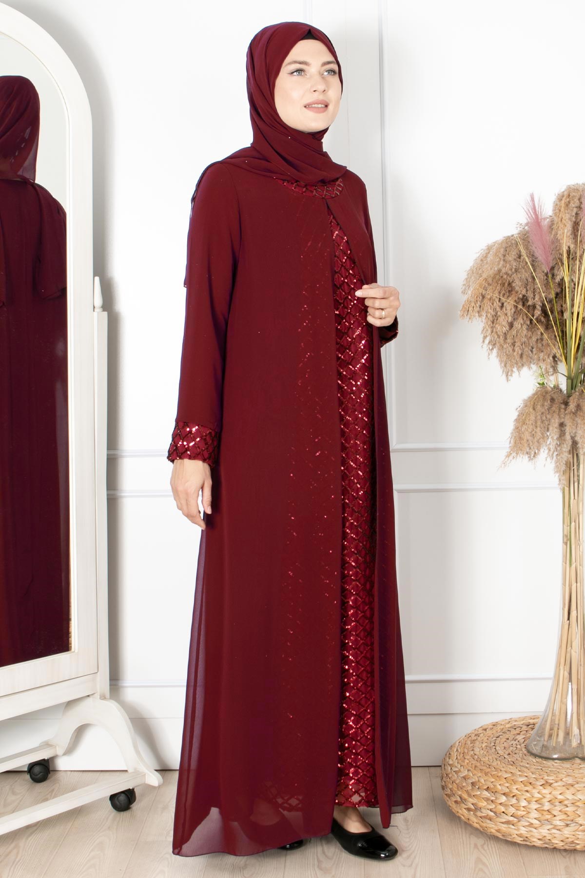 PELERİNLİ PAYET DETAYLI ABİYE FHM854-BORDOFahima