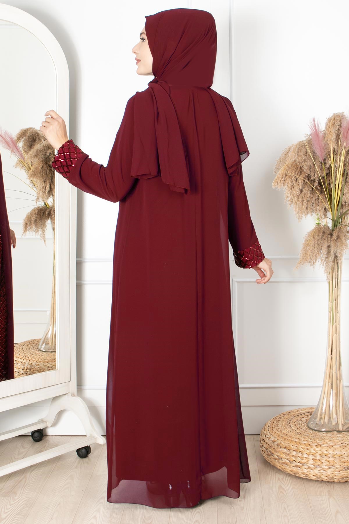 PELERİNLİ PAYET DETAYLI ABİYE FHM854-BORDOFahima