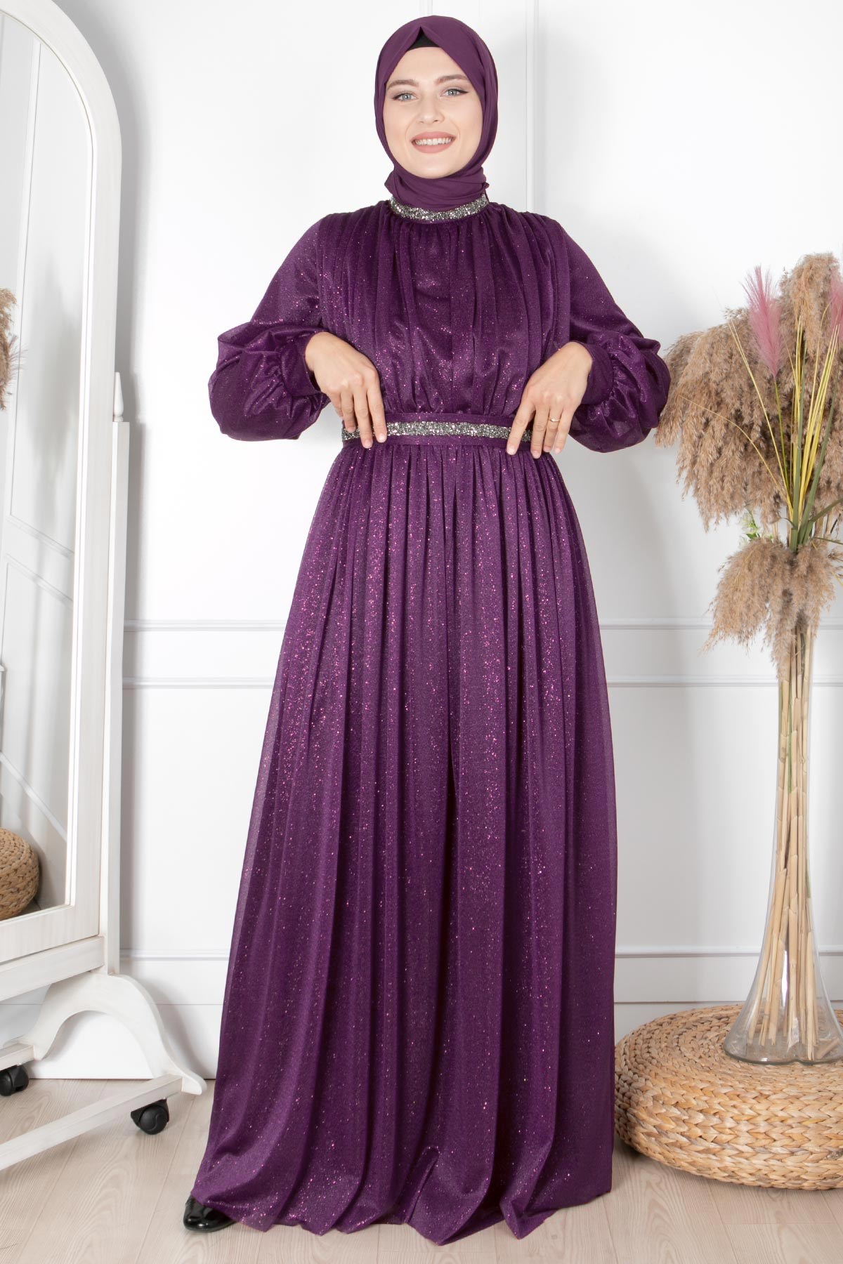 Taş İşlemeli Simli Tül Abiye Mor FHM858FHM858-MORFahima