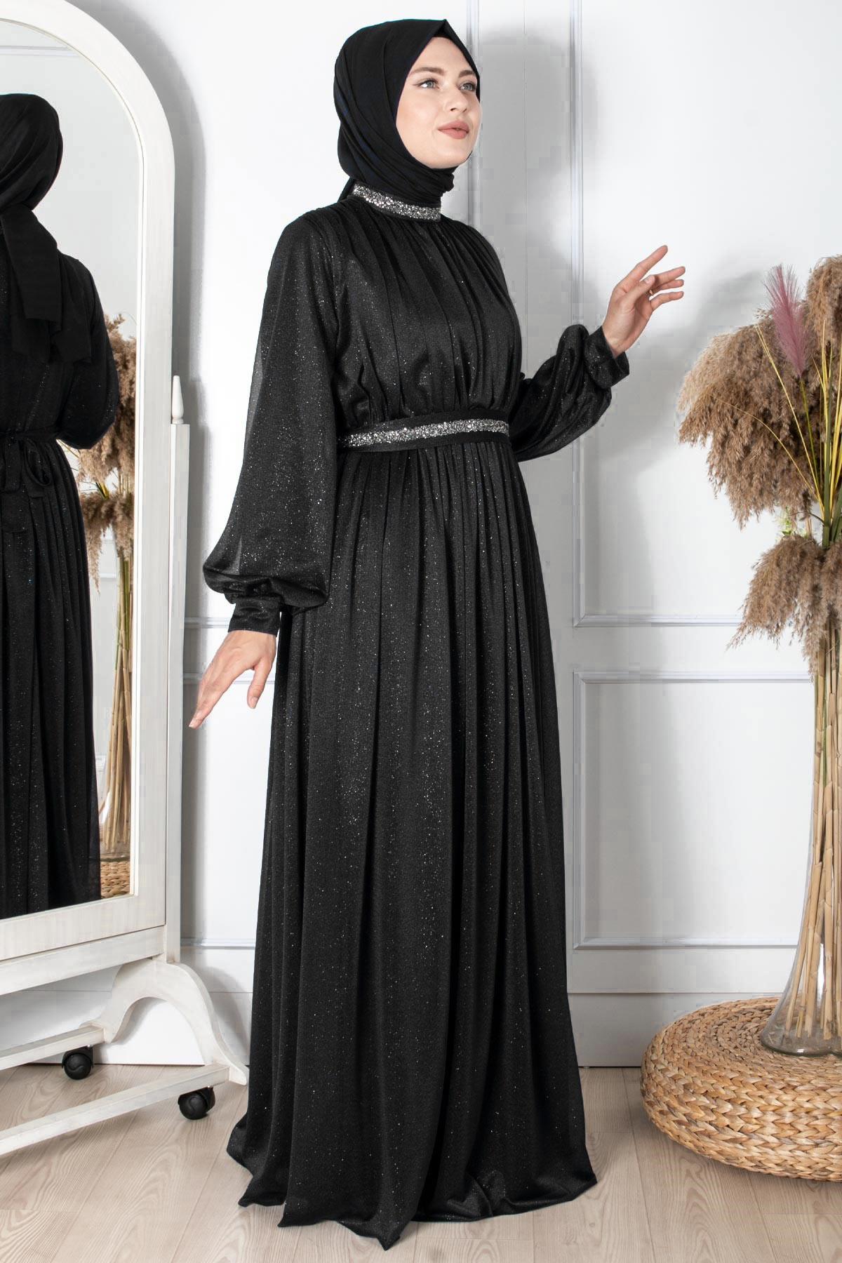 TAŞ İŞLEMELİ SİMLİ TÜL ABİYEFHM858-SİYAHFahima