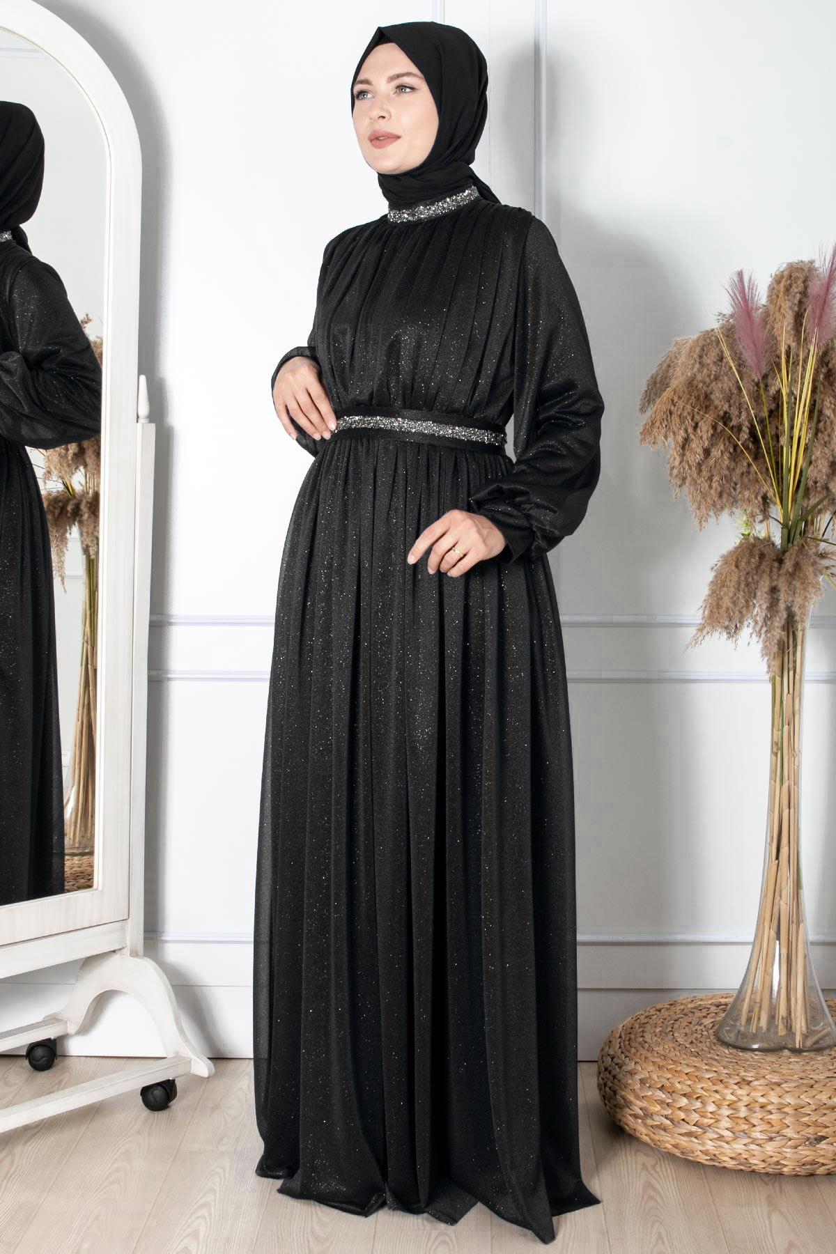TAŞ İŞLEMELİ SİMLİ TÜL ABİYEFHM858-SİYAHFahima