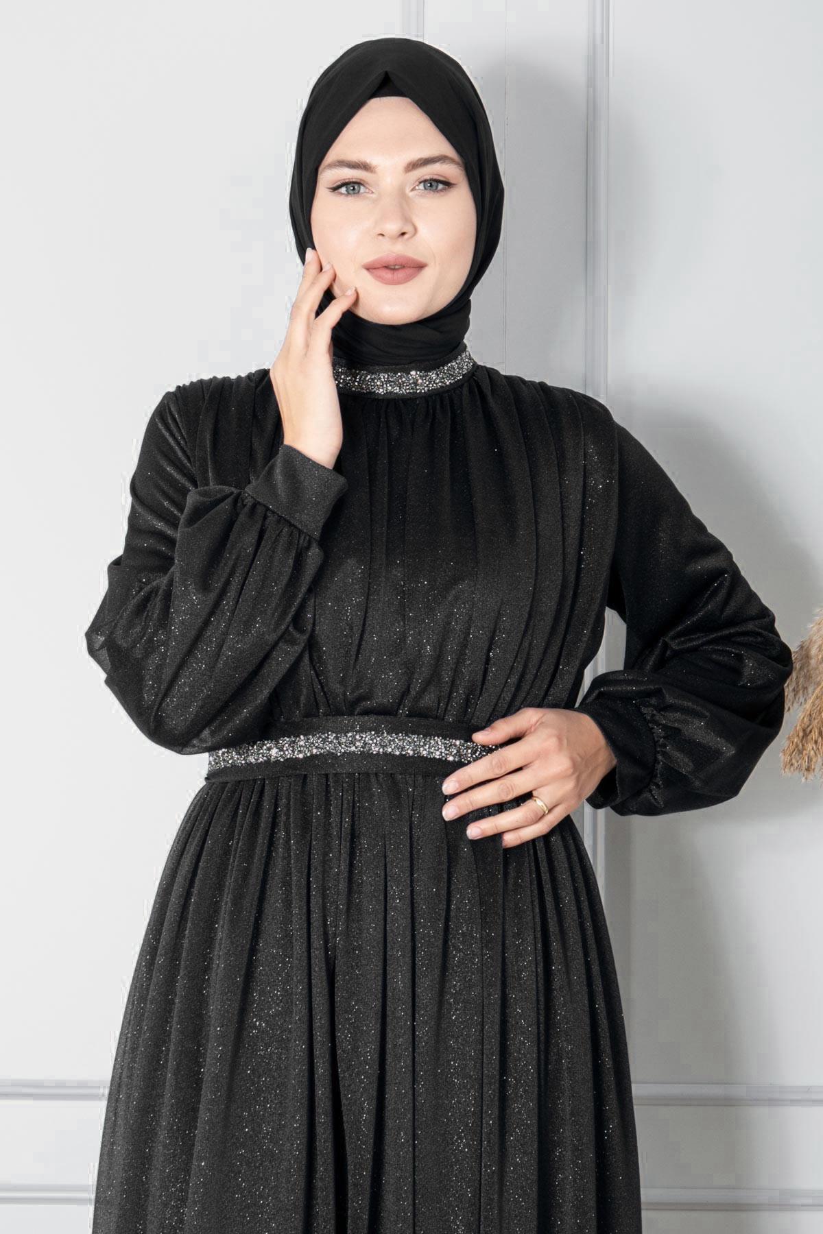TAŞ İŞLEMELİ SİMLİ TÜL ABİYEFHM858-SİYAHFahima
