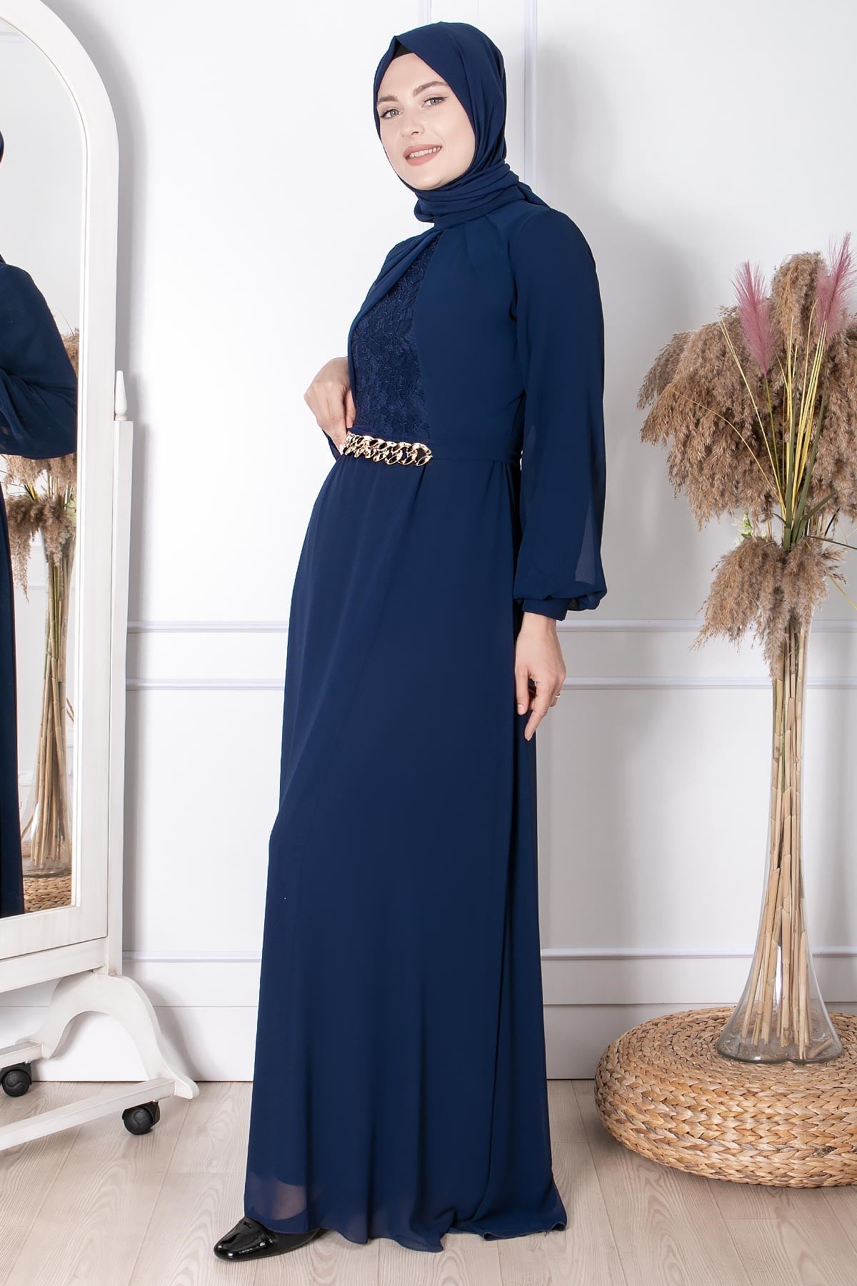 ZİNCİR KEMER DETAYLI ABİYEFHM860-LACİVERTFahima
