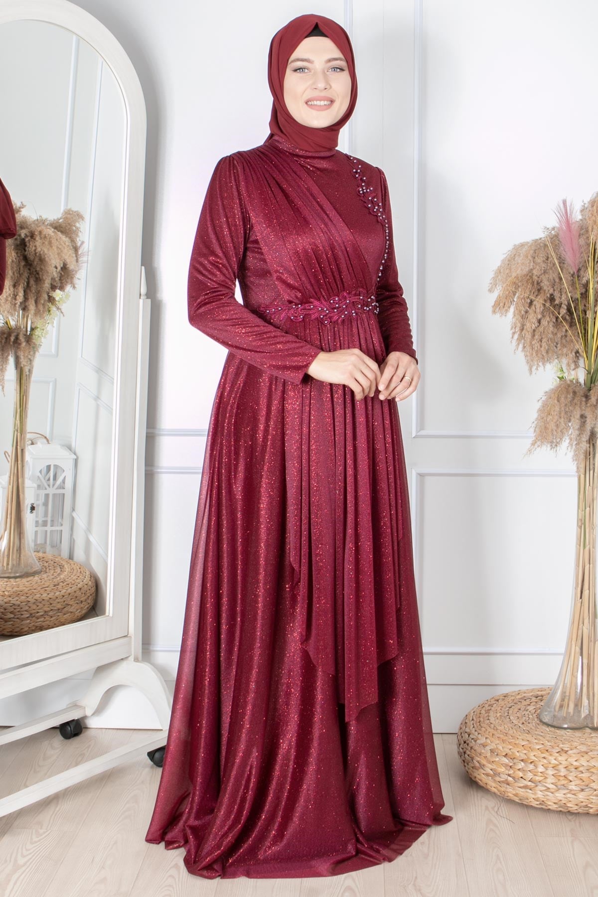 Güpür Detaylı Simli AbiyeFHM862-MÜRDÜMFahima