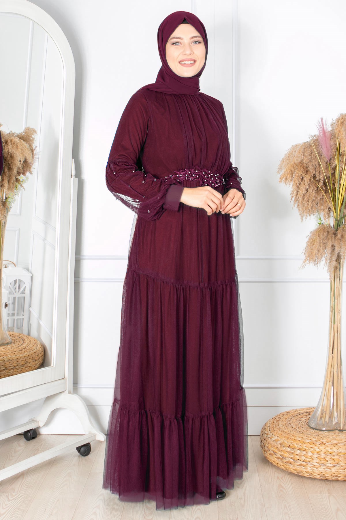 FIRFIR GÜPÜR İŞLEMELİ TÜL ABİYEFHM864-MÜRDÜMFahima