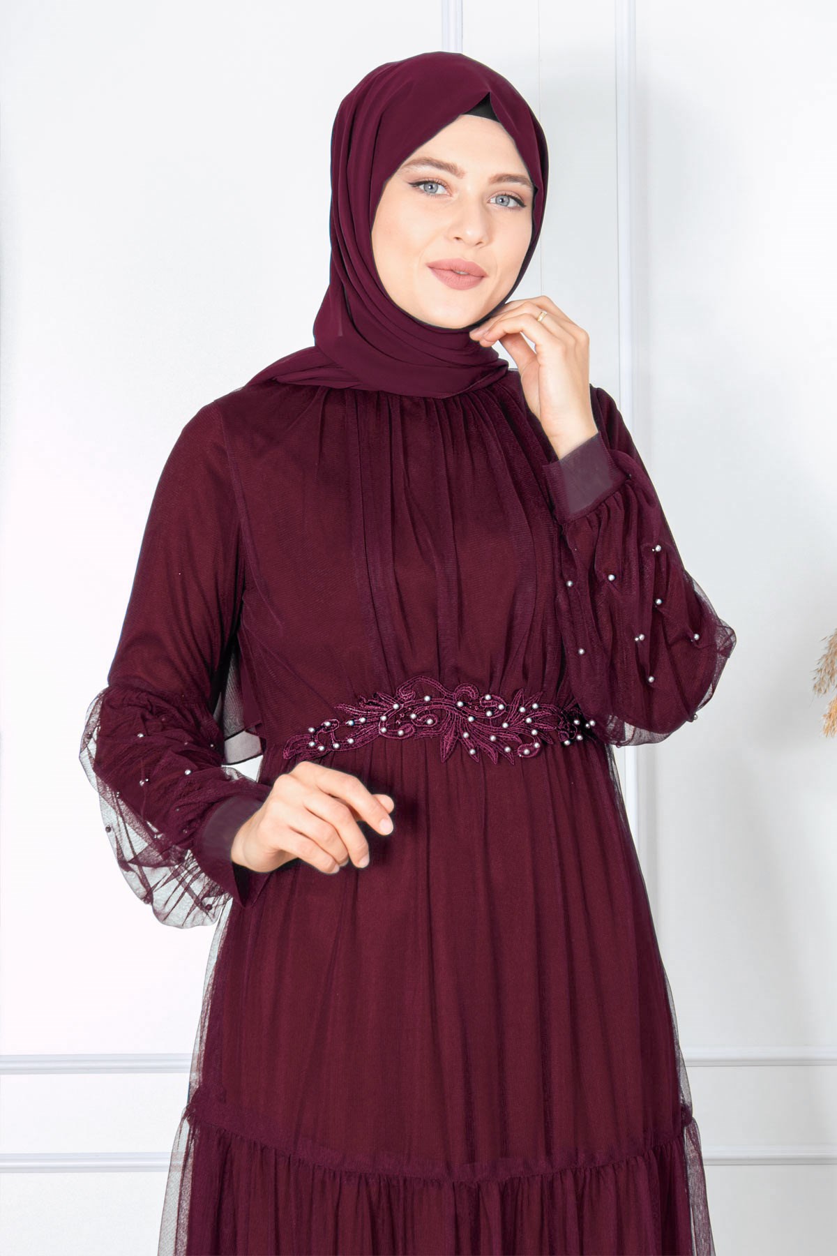 FIRFIR GÜPÜR İŞLEMELİ TÜL ABİYEFHM864-MÜRDÜMFahima