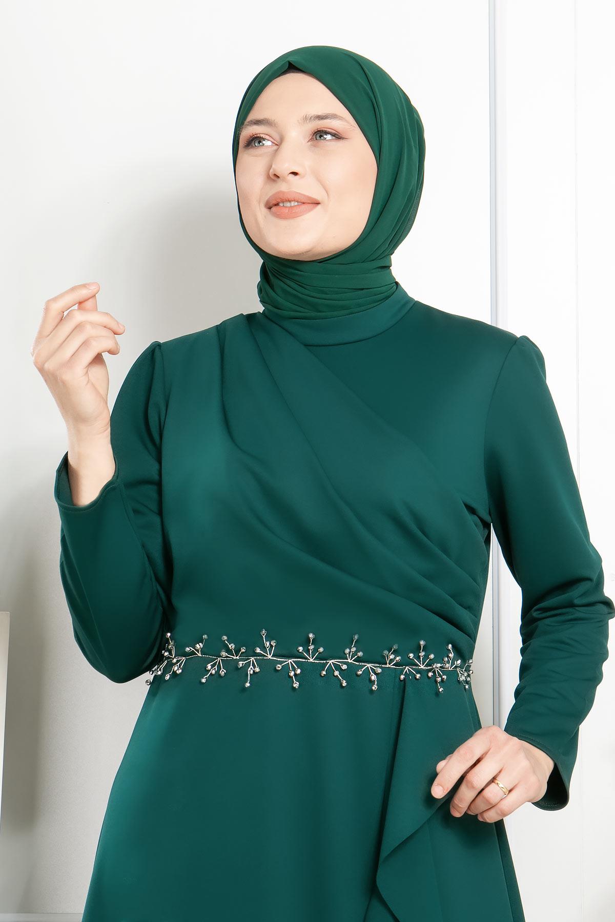 Frilly Stone Embroidered Detailed Dress Emerald FHM874FHM874-ZÜMRÜTFahima