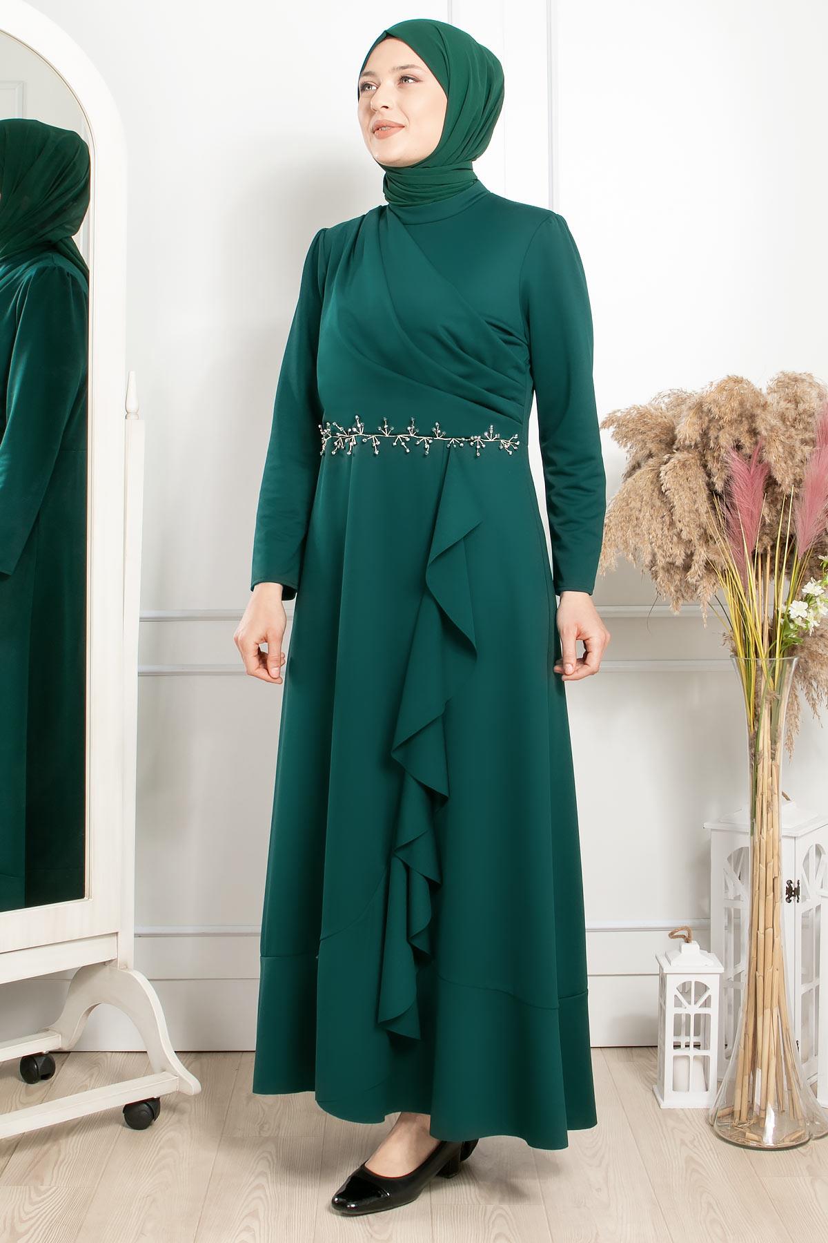 Frilly Stone Embroidered Detailed Dress Emerald FHM874FHM874-ZÜMRÜTFahima