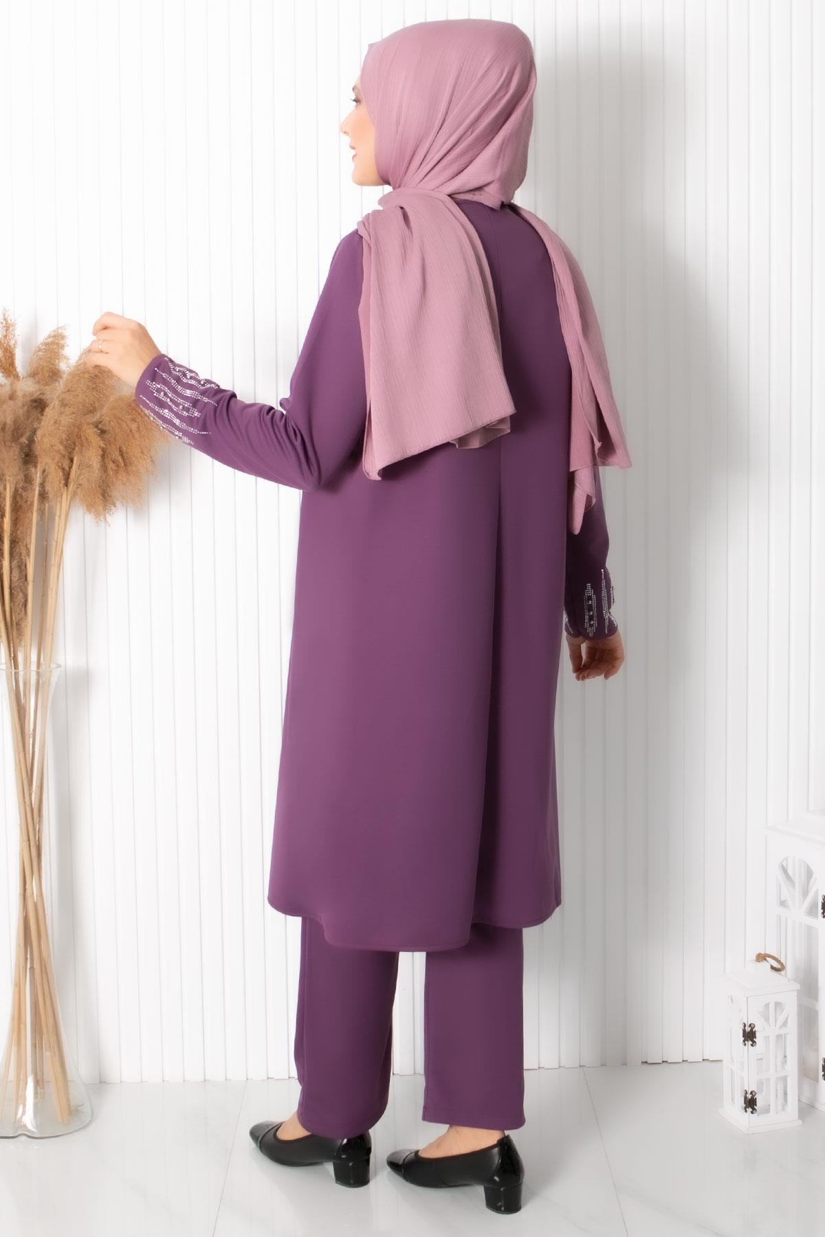 Stone Embroidered Double Set Lilac FHM888FHM888-LİLAFahima
