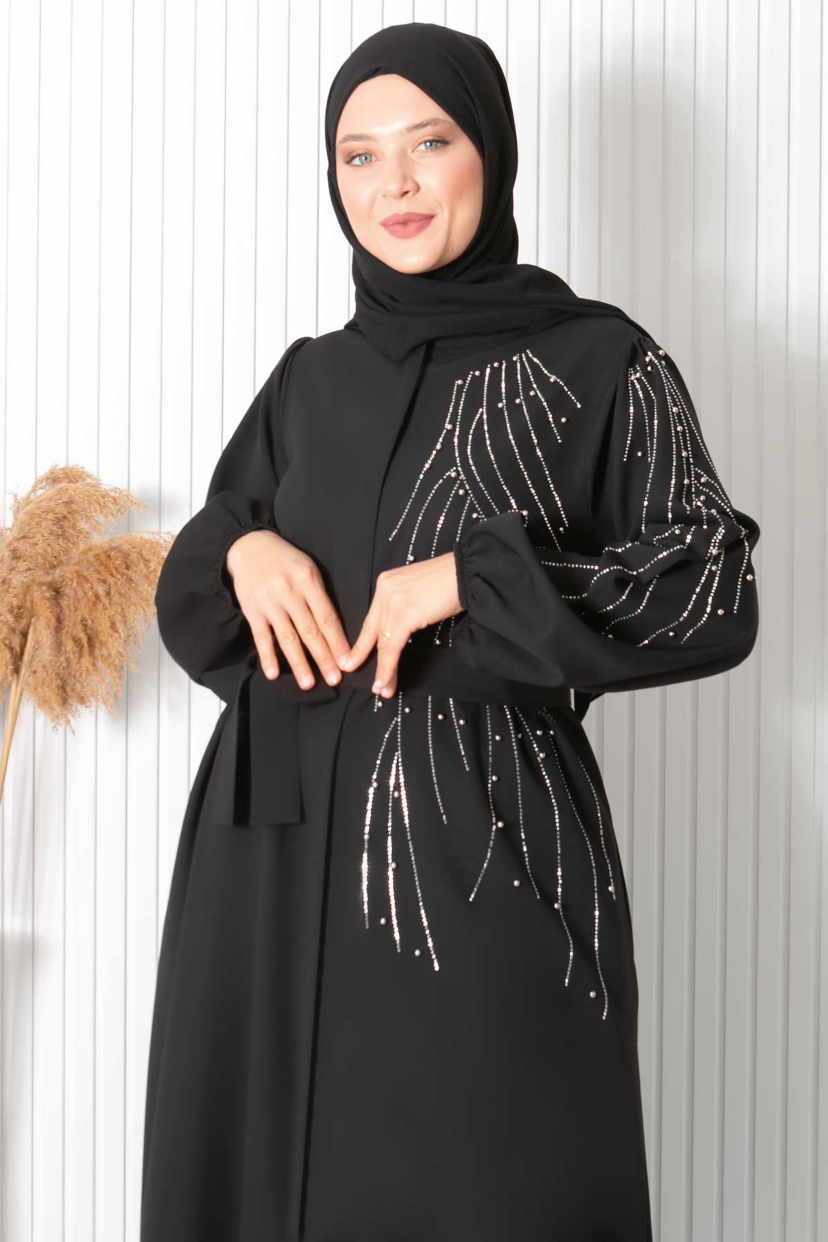 TAŞ BASKILI KEMERLİ FERACEFHM926-SİYAHFahima