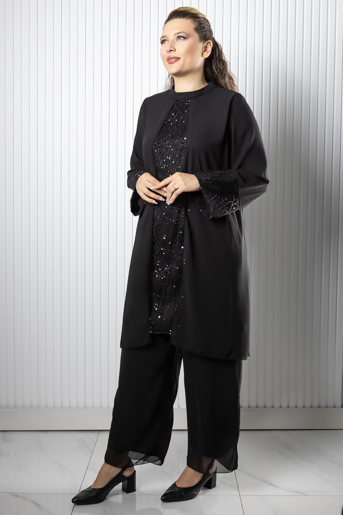 Taş Payet İşlemeli Şifon Pantalon Tunik TakımFHM966-SİYAHFahima