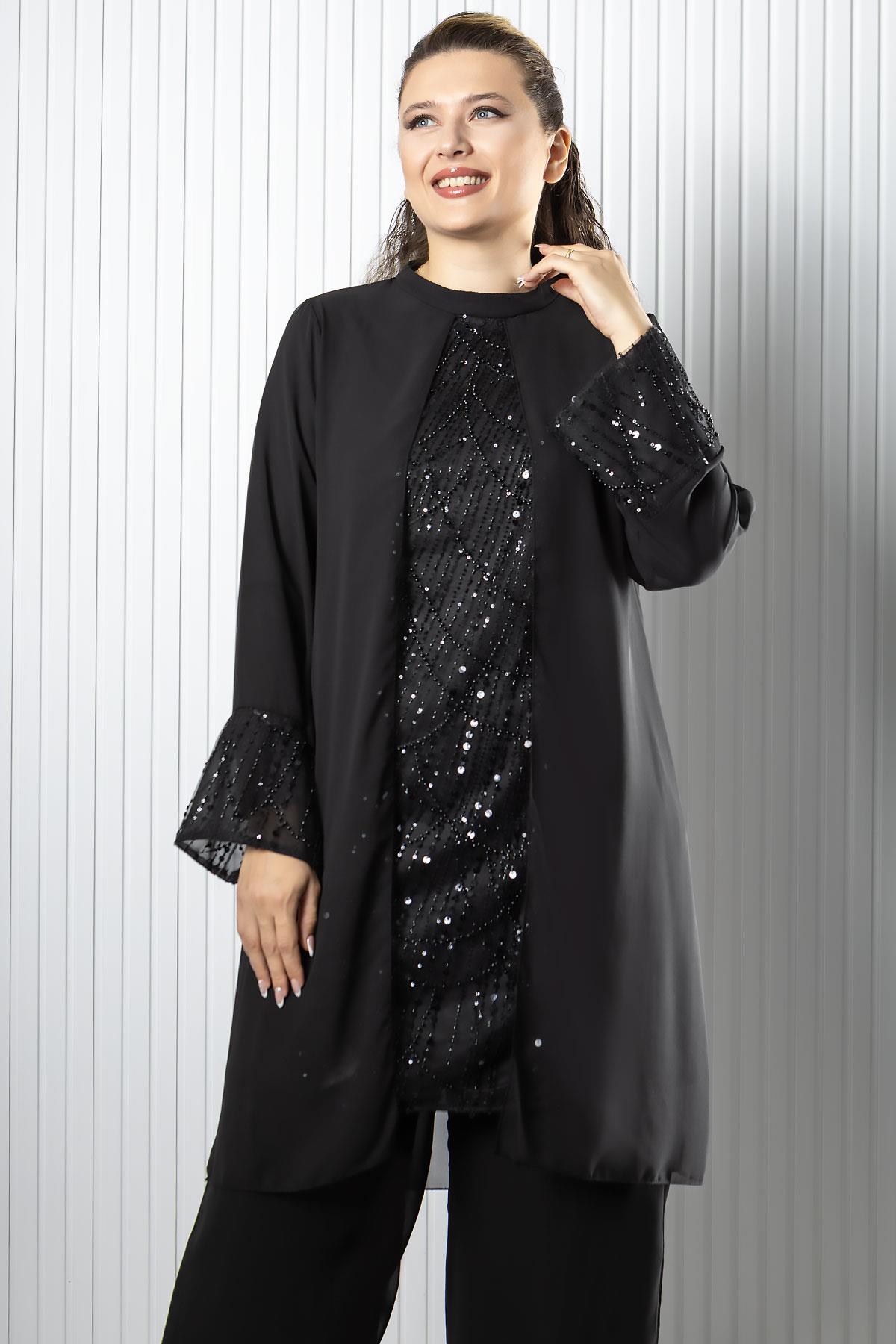 Taş Payet İşlemeli Şifon Pantalon Tunik TakımFHM966-SİYAHFahima