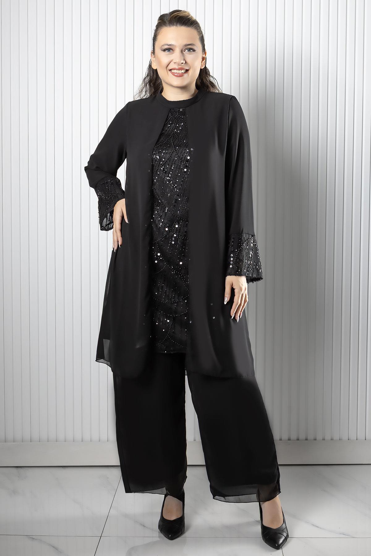 Taş Payet İşlemeli Şifon Pantalon Tunik TakımFHM966-SİYAHFahima