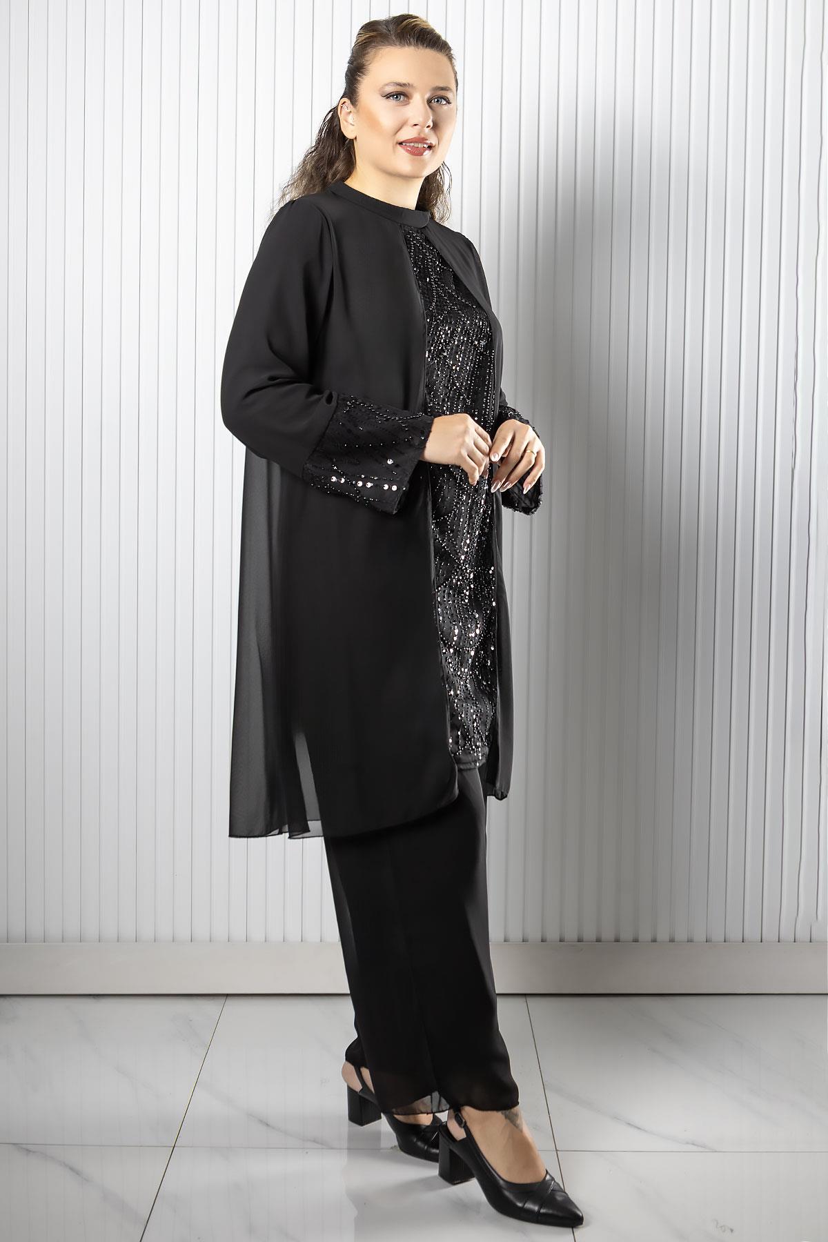 Taş Payet İşlemeli Şifon Pantalon Tunik TakımFHM966-SİYAHFahima