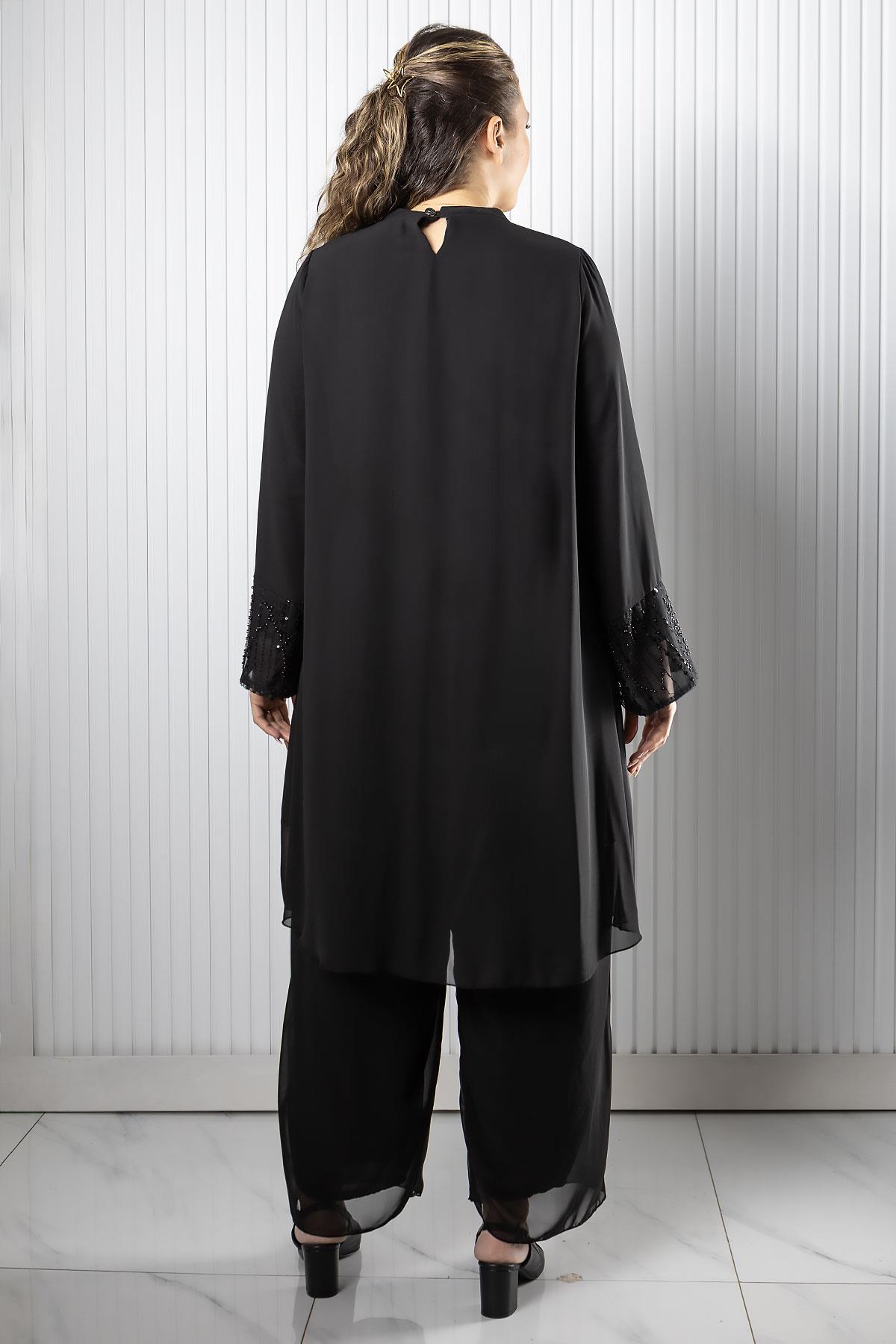 Taş Payet İşlemeli Şifon Pantalon Tunik TakımFHM966-SİYAHFahima