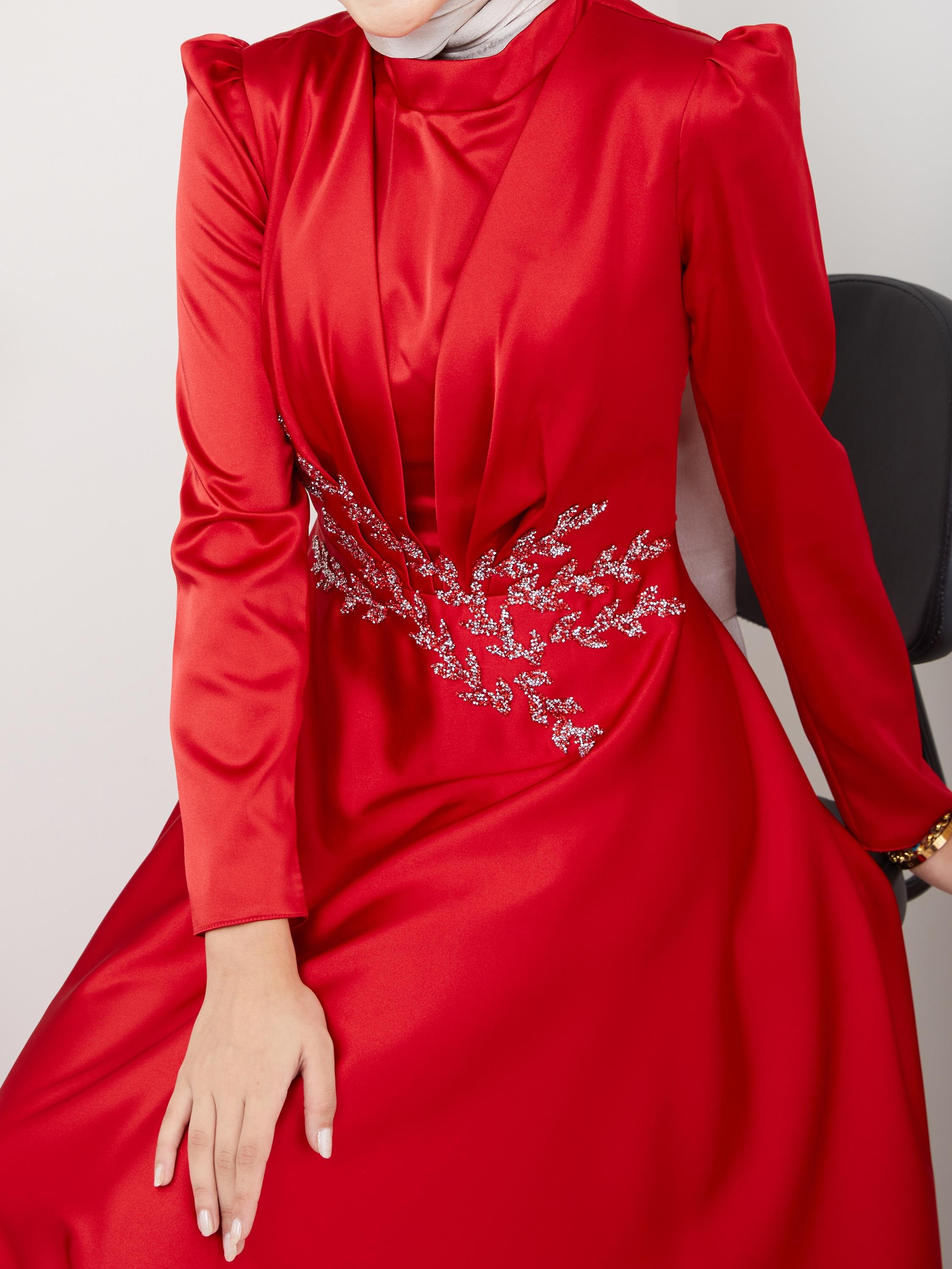 Satin Evening Dress Claret Red HMA104HMA104-BORDOHümeyra Arslan