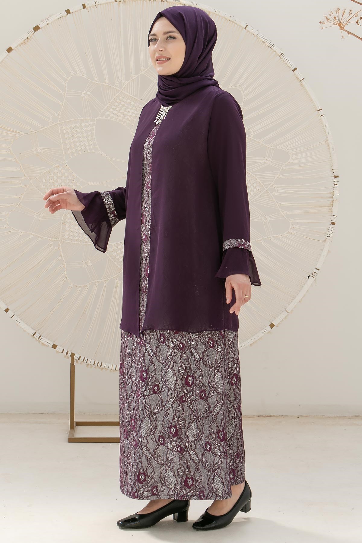 KOLYELİ DANTEL DETAYLI ABİYEMDA2113-MÜRDÜMMDA