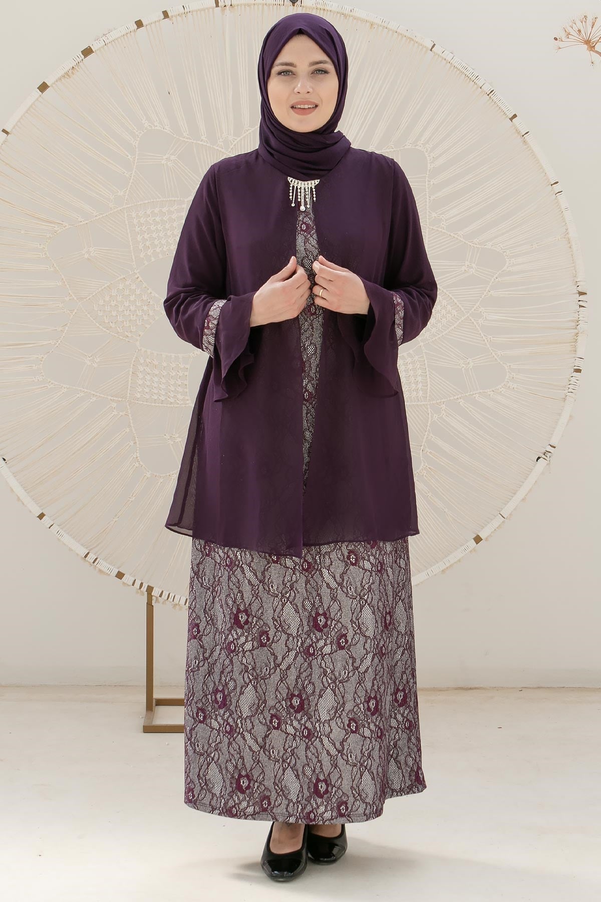 KOLYELİ DANTEL DETAYLI ABİYEMDA2113-MÜRDÜMMDA