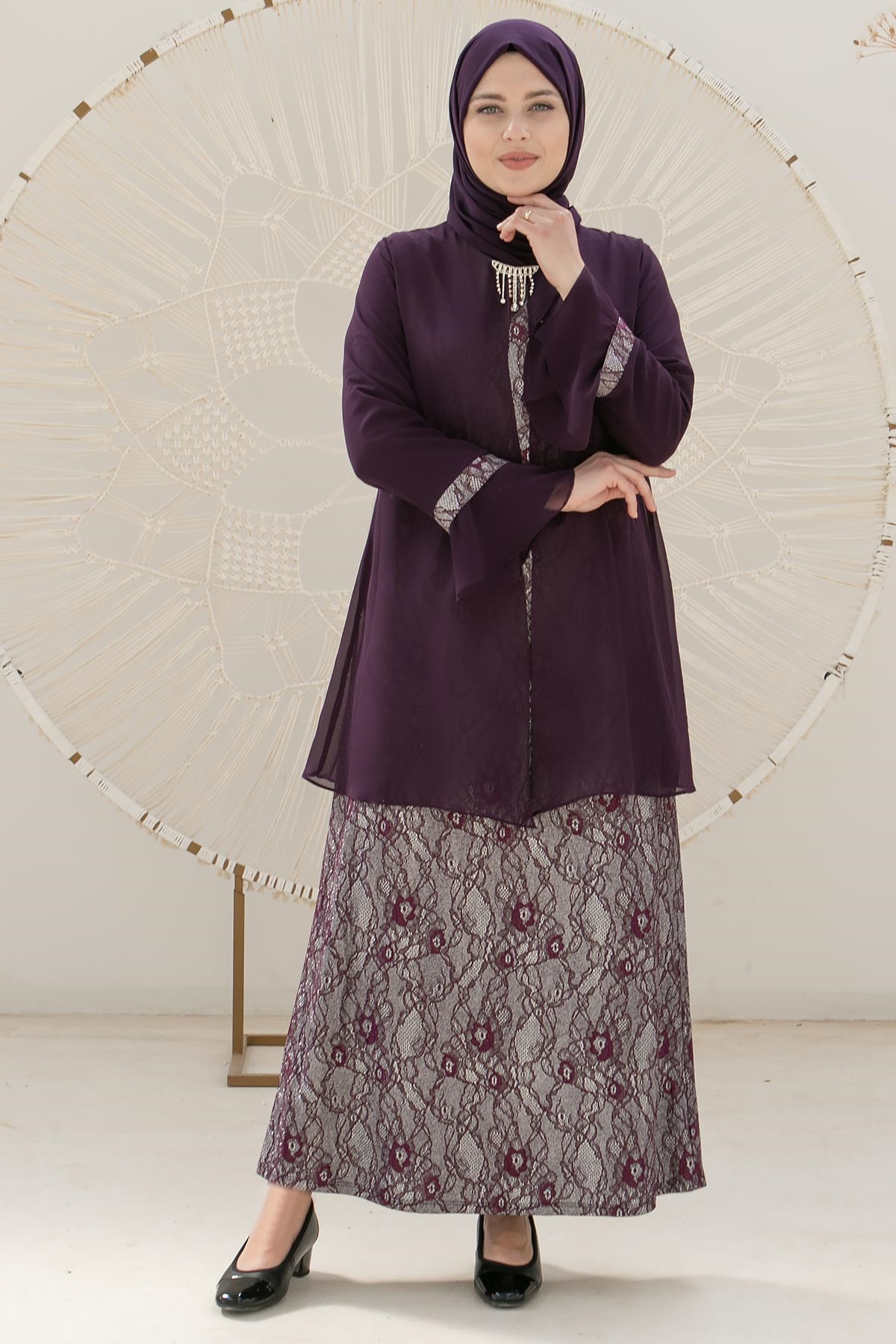 KOLYELİ DANTEL DETAYLI ABİYEMDA2113-MÜRDÜMMDA