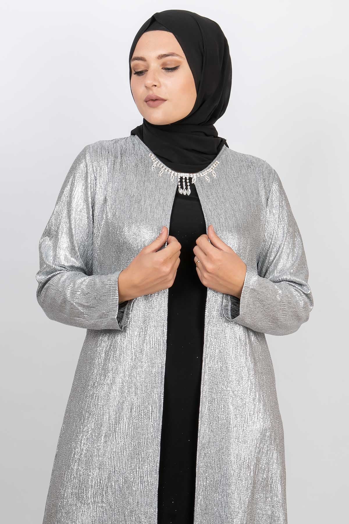Capped Necklace Detailed Evening Dress Silver MDA2123MDA2123-GÜMÜŞMDA