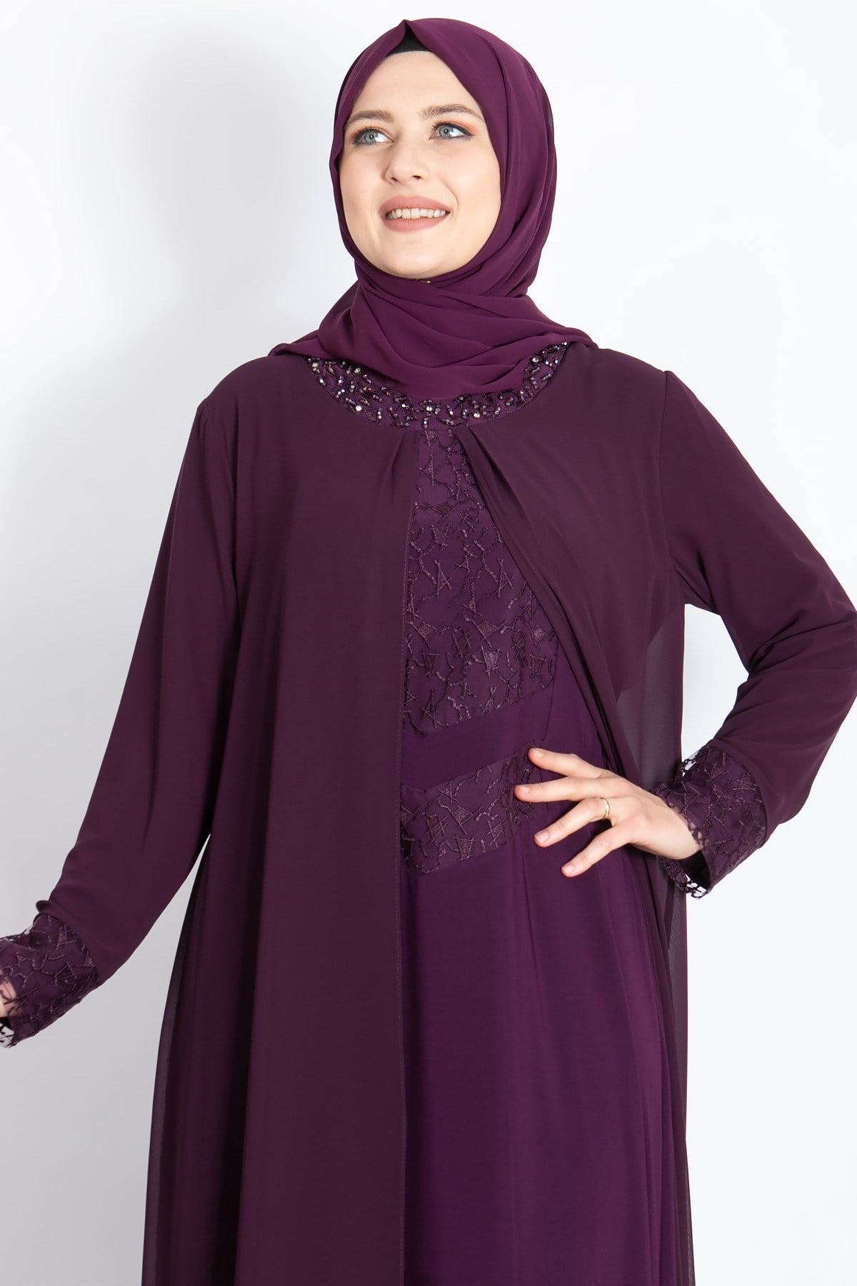 Dantel İşleme Detay Şifon Abiye Mürdüm MDA2202MDA2202-MÜRDÜMMDA