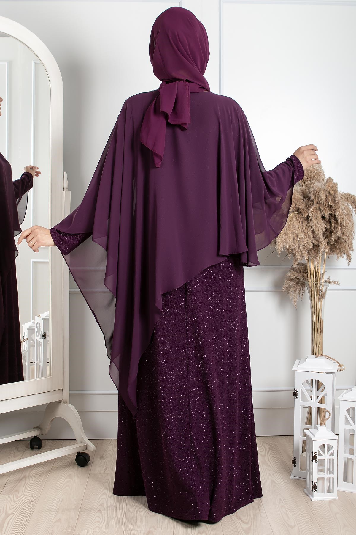 PELERİN VE TAŞ İŞLEME DETAYLI ABİYEMDA2230-MÜRDÜMMDA