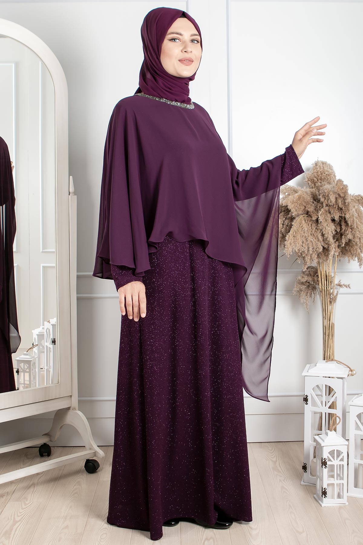 PELERİN VE TAŞ İŞLEME DETAYLI ABİYEMDA2230-MÜRDÜMMDA