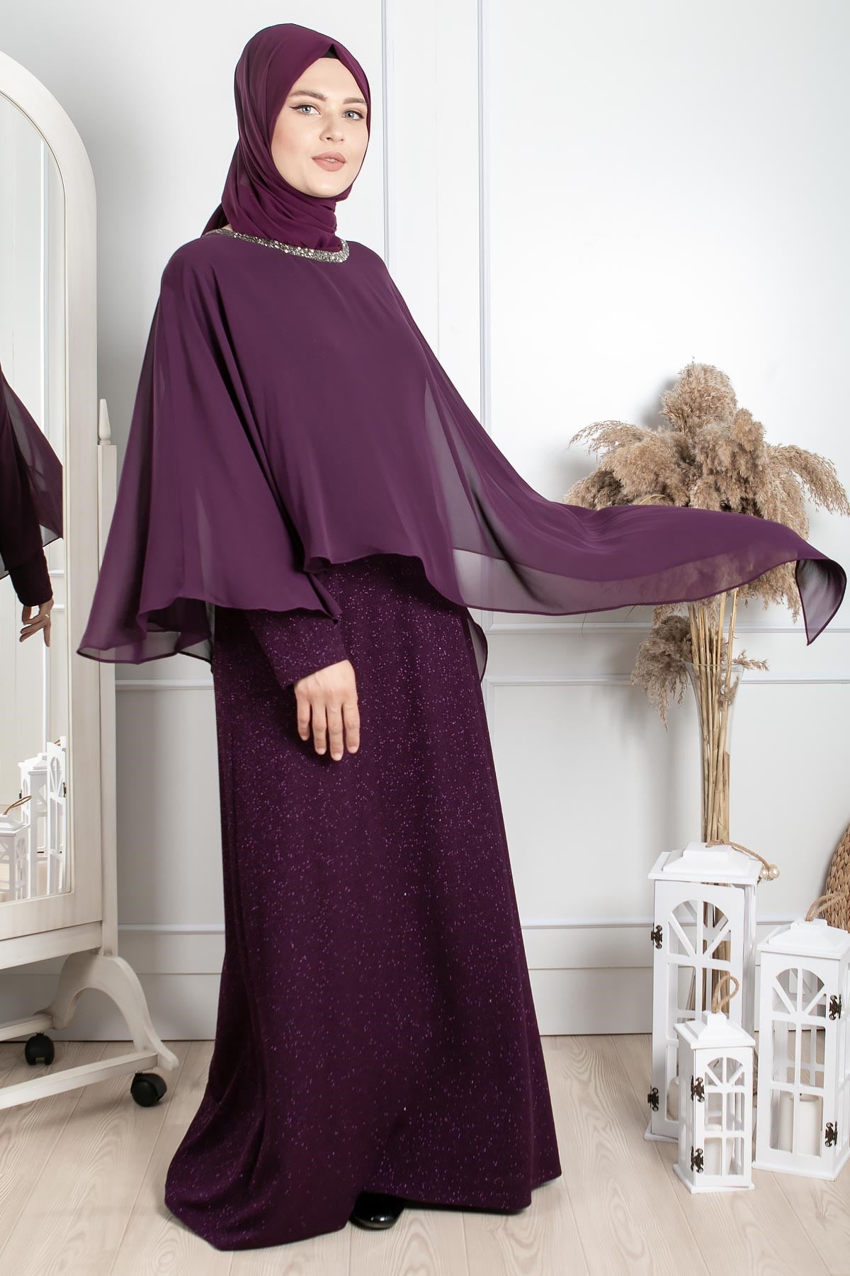 PELERİN VE TAŞ İŞLEME DETAYLI ABİYEMDA2230-MÜRDÜMMDA