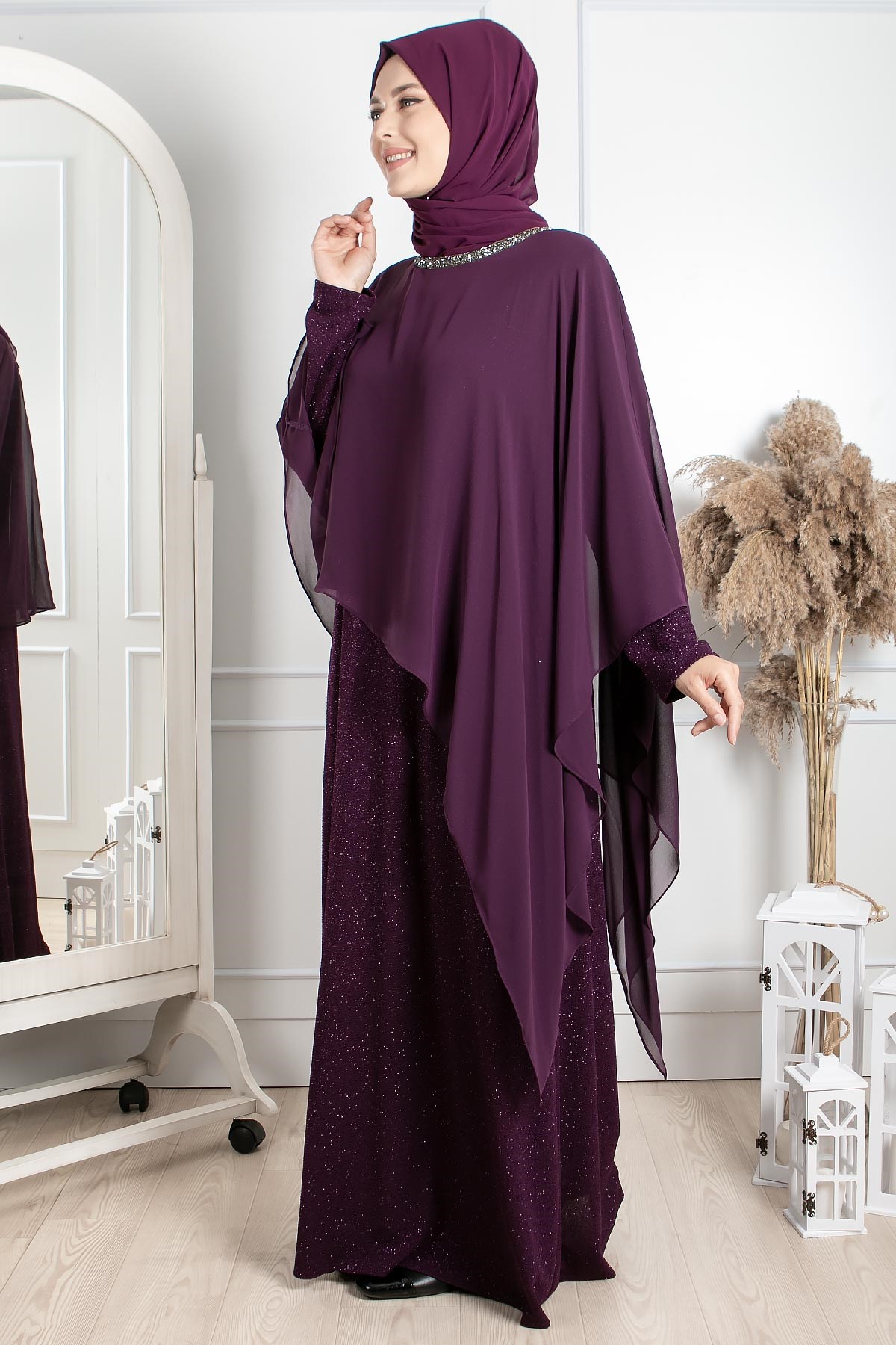 PELERİN VE TAŞ İŞLEME DETAYLI ABİYEMDA2230-MÜRDÜMMDA