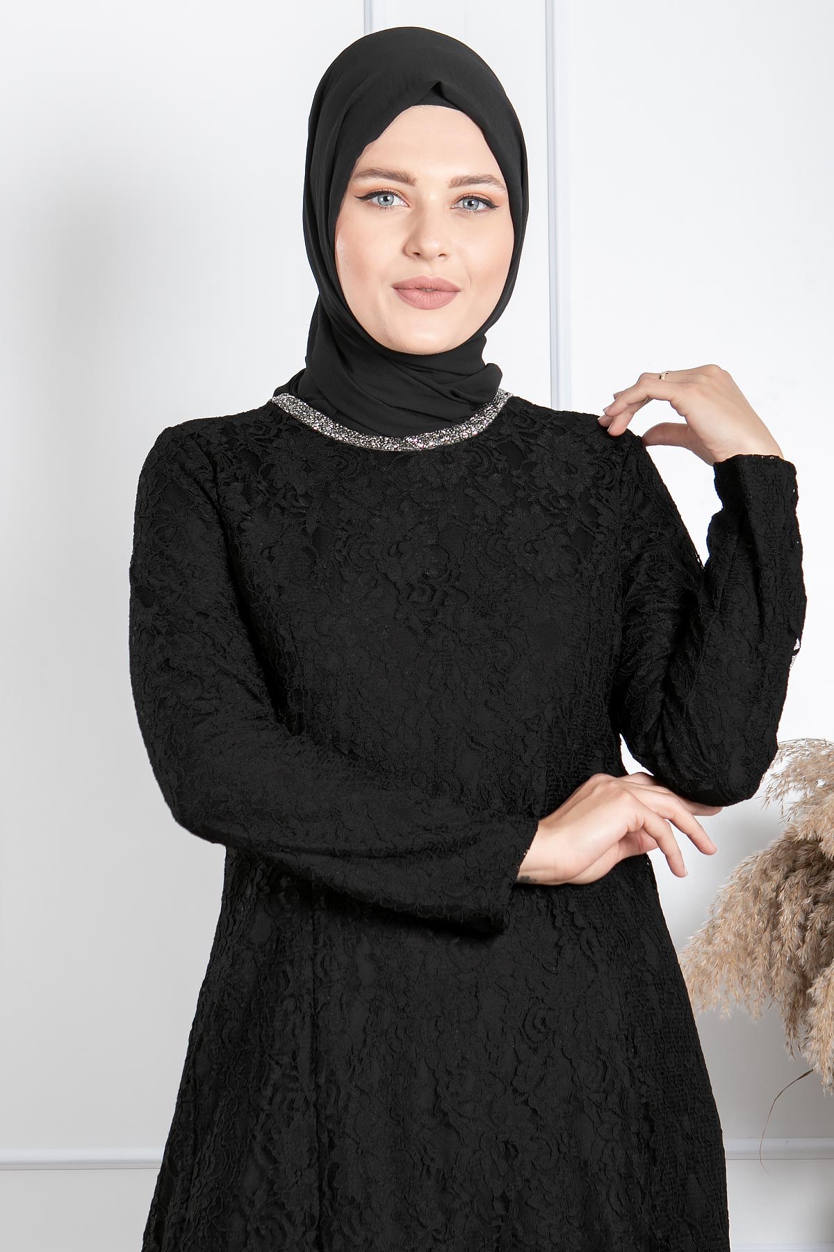 DANTEL DETAYLI TAŞ İŞLEMELİ ABİYEMDA2231-SİYAHMDA
