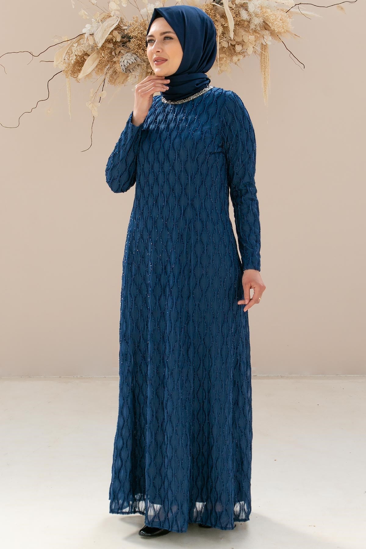 TAŞ İŞLEME DETAYLI SİMLİ ABİYEMDA2232-LACİVERTMDA