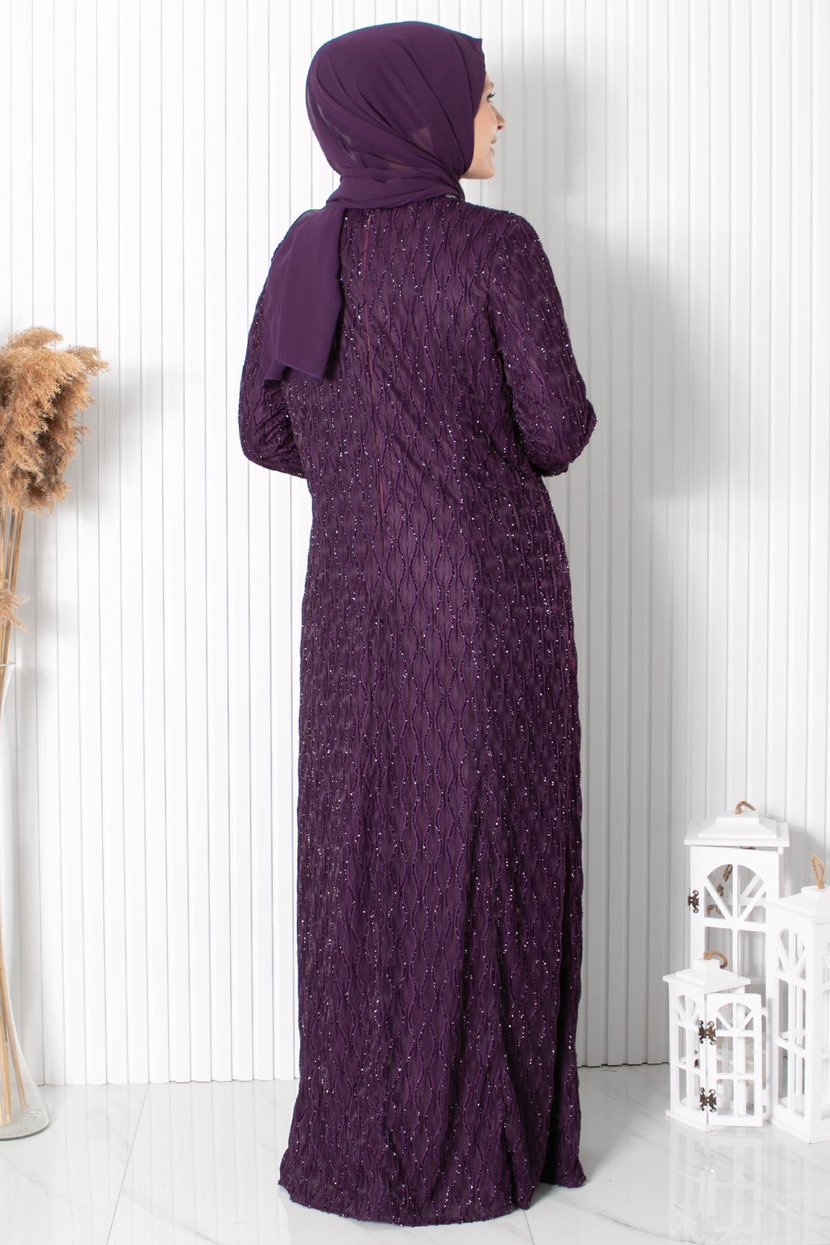 TAŞ İŞLEME DETAYLI SİMLİ ABİYEMDA2232-MÜRDÜMMDA